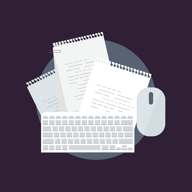 Illustration d'un clavier, d'une souris d'ordinateur et de plusieurs feuilles de papier avec des textes imprimés sur un fond violet foncé.