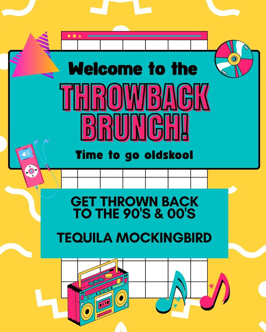 Colorful flyer promoting a throwback brunch event with retro 90s and 00s theme, featuring illustrations of a boom box, music notes, a portable music player, and a CD.