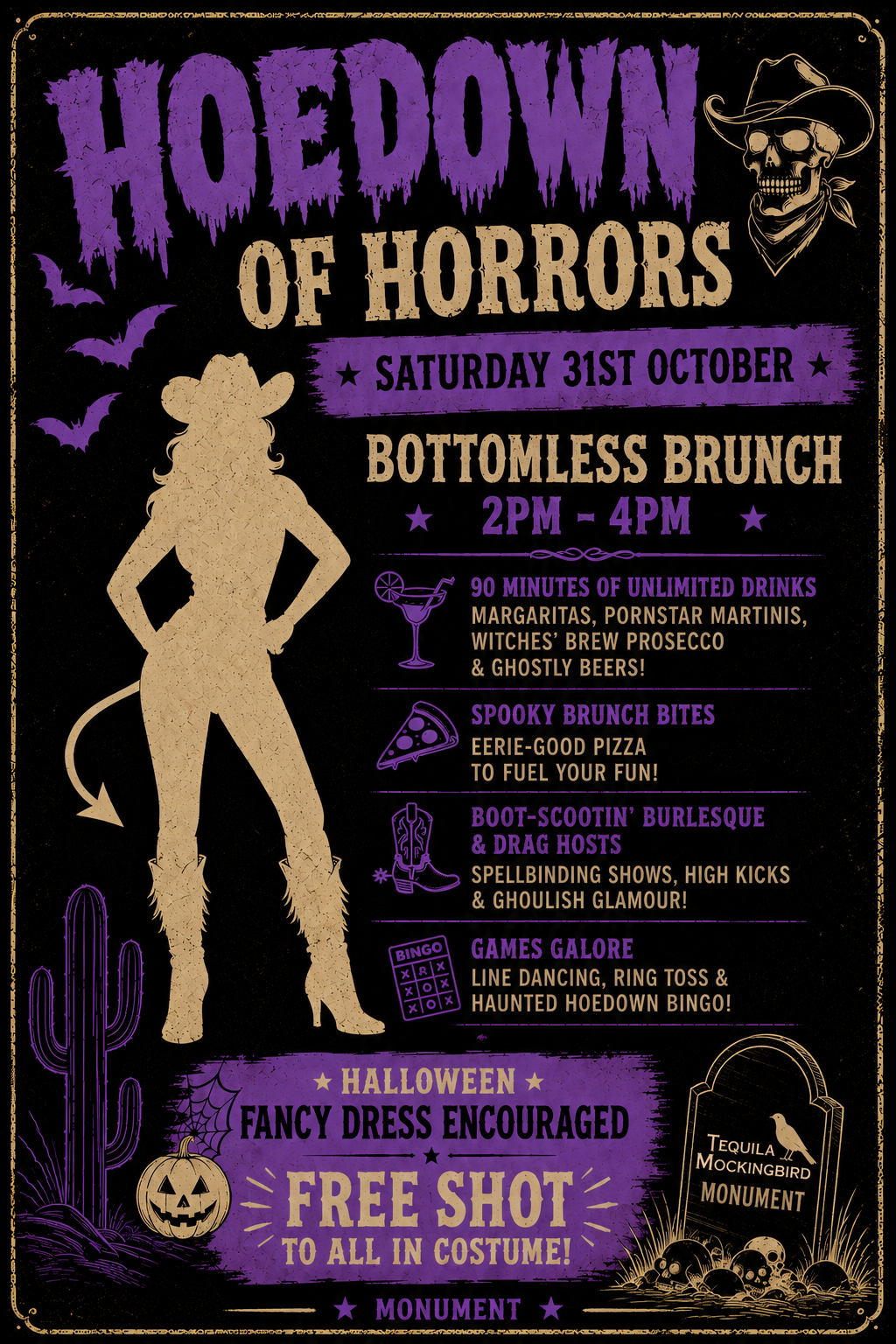 Halloween-themed flyer for a 'Hometown of Horrors' event on Saturday, October 31st, featuring a silhouette of a devil girl, purple bats, a skeleton with a cowboy hat, a pumpkin, cacti, and skulls, with text advertising a bottomless brunch, drinks, spicy bites, burlesque, games, and a costume contest with a free shot.