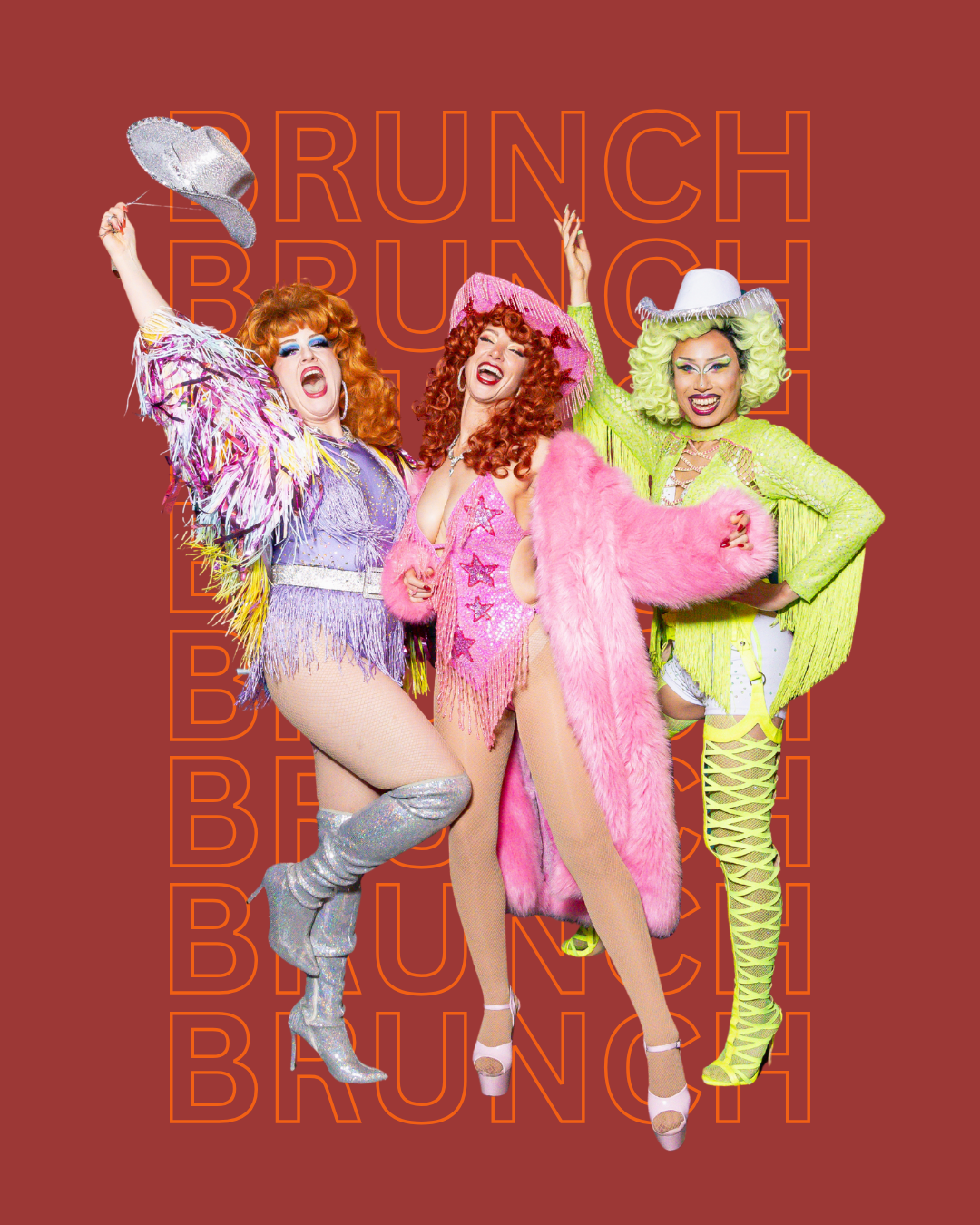 Group of performers dressed in colorful 1970s-inspired disco costumes on a staircase, wearing hats and in lively poses.