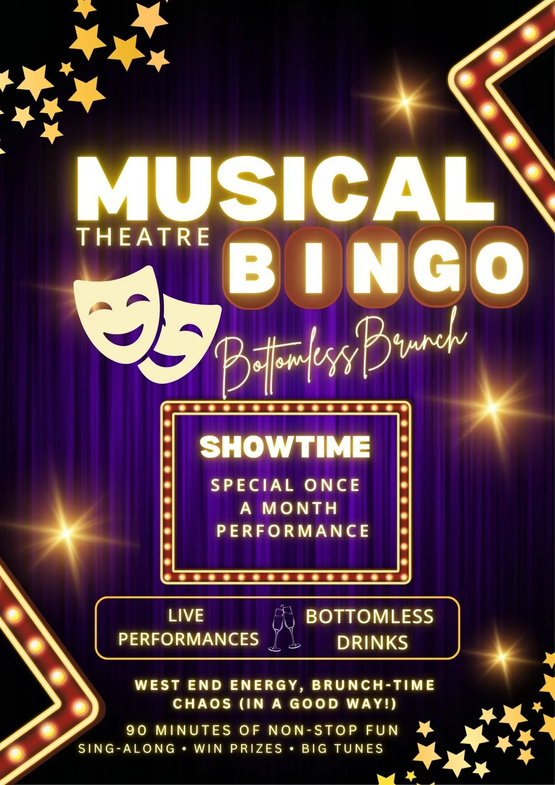 An advertisement poster for a musical theatre bingo event with bottomless brunch. Features bright stage lights, star decorations, theater masks, and neon-style lettering. Information about showtime, live performances, bottomless drinks, and a fun brunch experience.