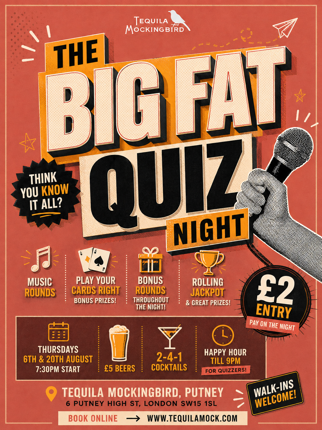 A promotional poster for Tequila Mockingbird hosting a quiz night called 'The Big Fat Quiz Night.' It features party elements like a microphone, musical notes, playing cards, a gift box, a trophy, and icons for beer, cocktails, a calendar, and a clock. The event details specify Thursdays on August 6th and 20th at 7:30 PM, with beer, cocktails, and happy hour until 9 PM. Entry costs £2, payable on the night, with walk-ins welcome.
