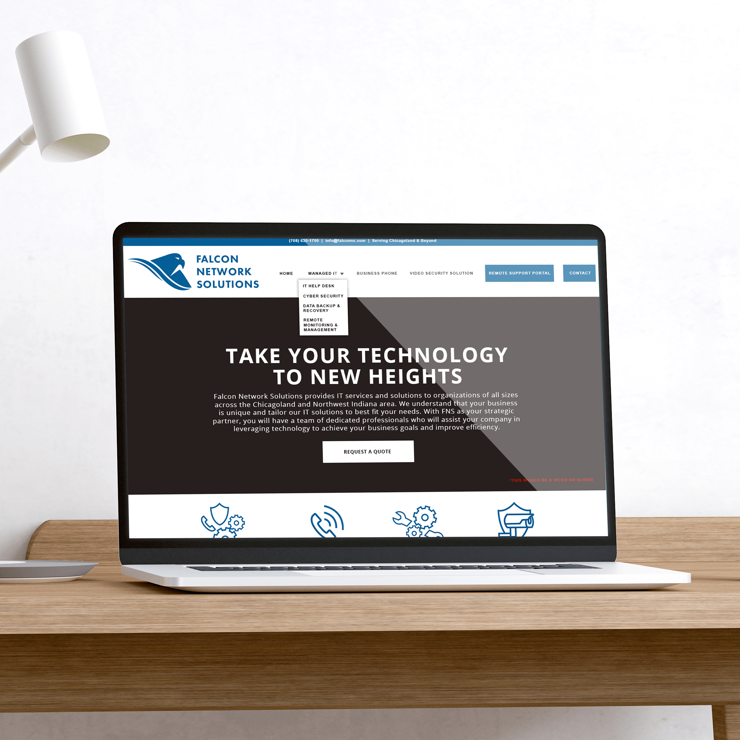 A mockup featuring a brochure designed for Falcon Network Solutions by the Brandico