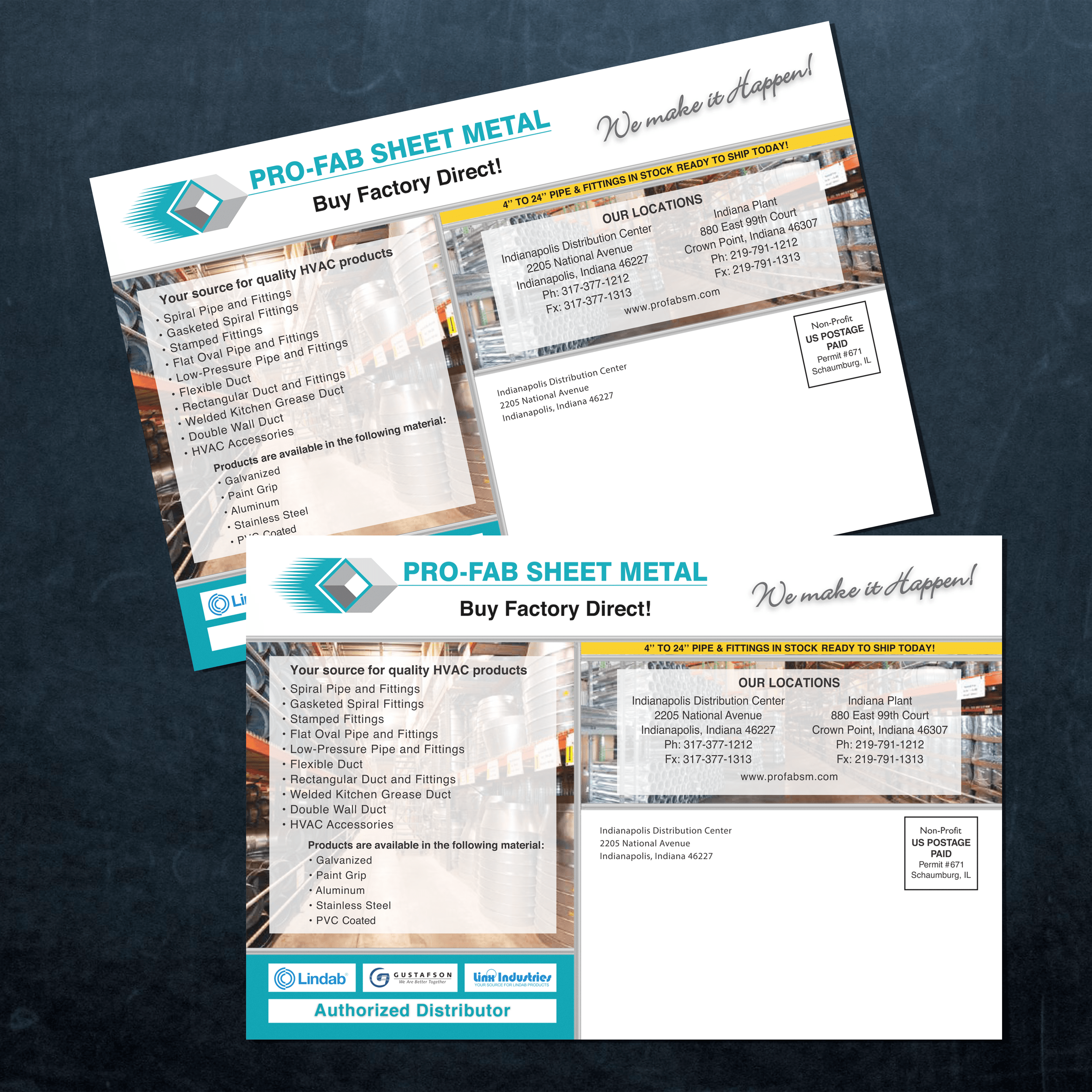 A mockup showing the back of the postcards designed for Pro-Fab Sheet Metal by the Brandico