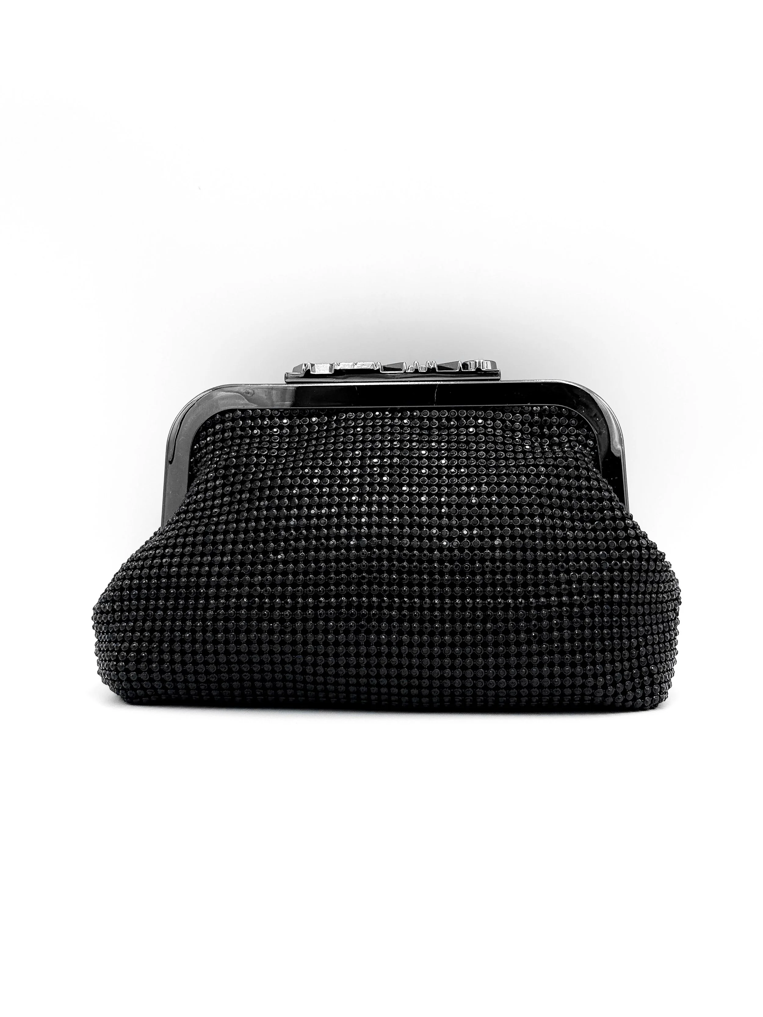 Black clutch purse with rhinestone embellishments on a plain white background.