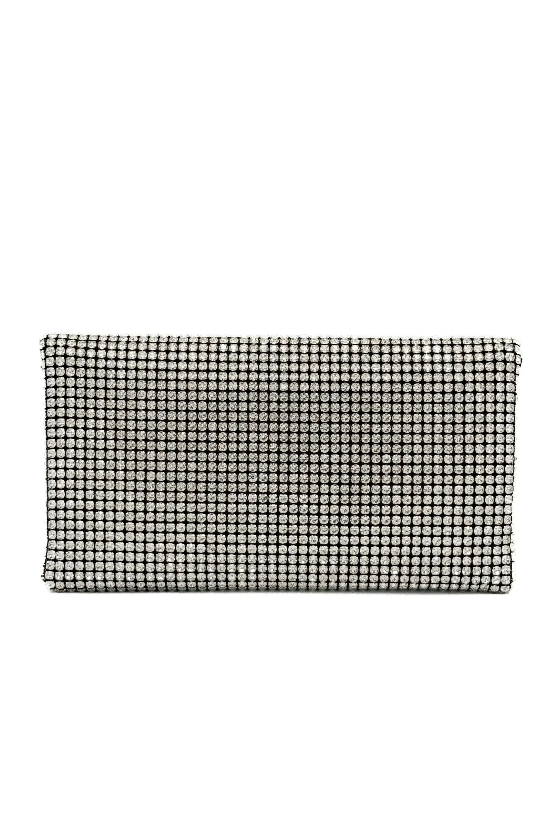 A rectangular clutch purse covered in rhinestones arranged in the shape of the word 'LOVE' on a white background.