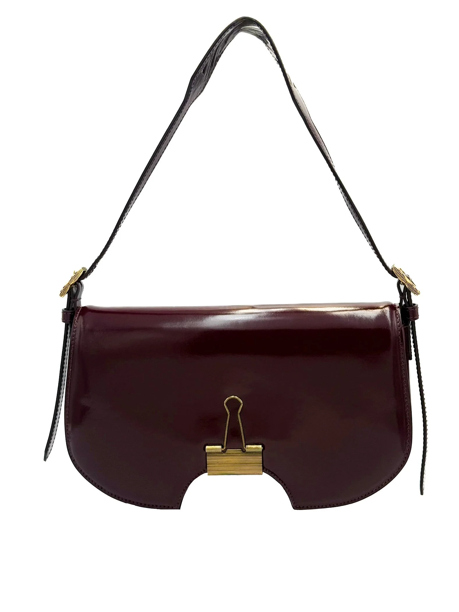 A dark burgundy leather handbag with a gold clip on the front and a black adjustable strap.