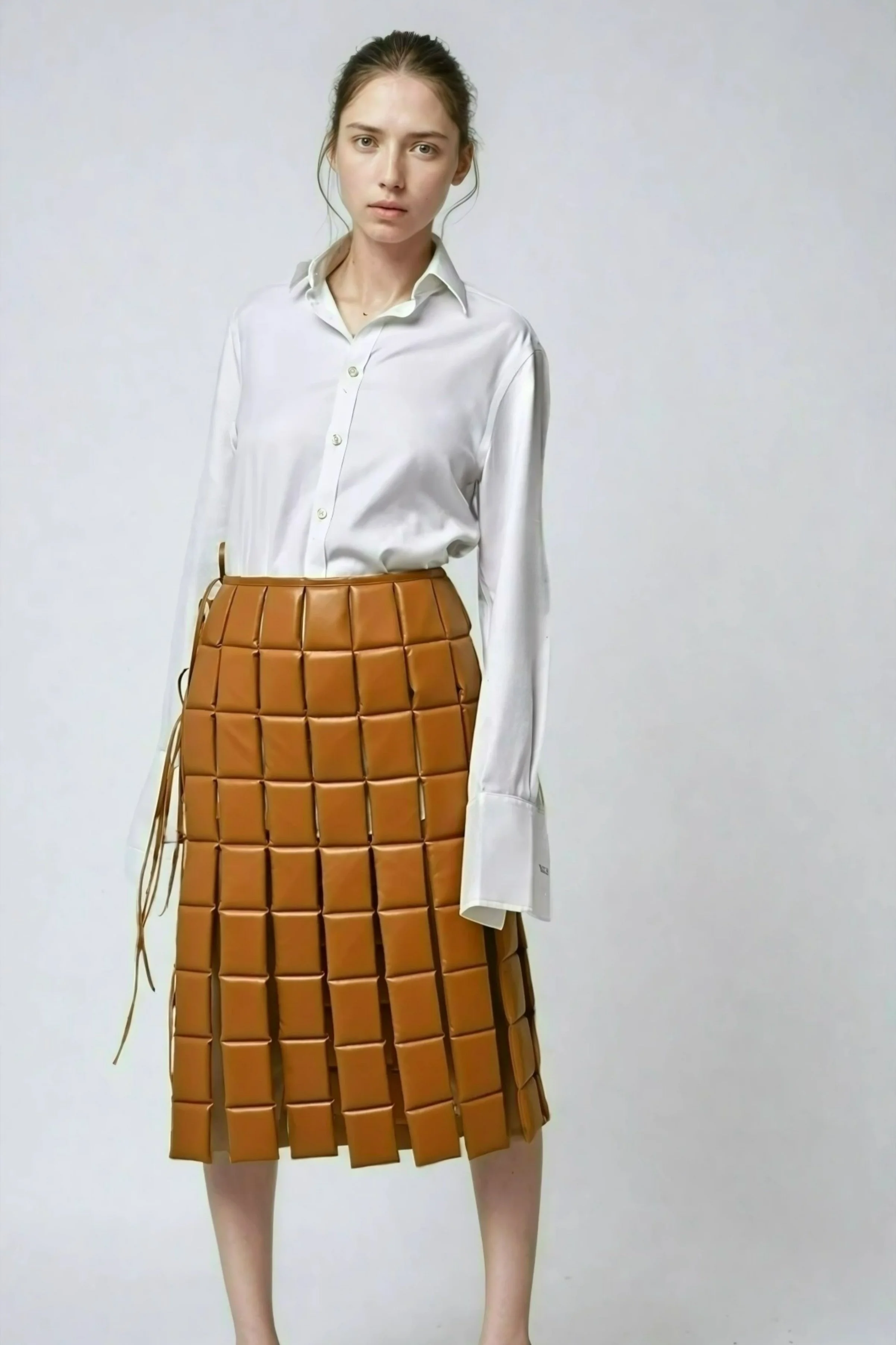 A woman wearing a white button-up shirt and a brown, leather, grid-patterned midi skirt standing against a plain background.