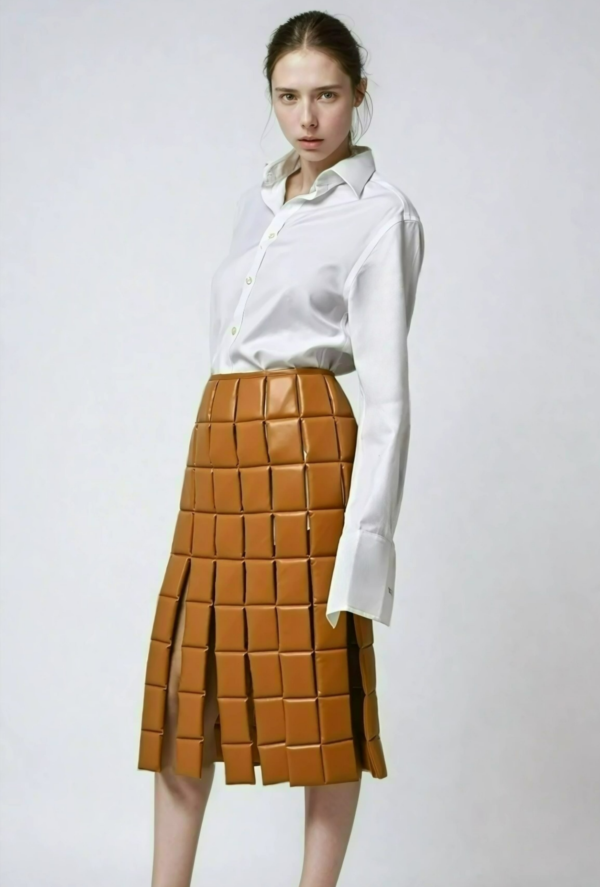 A woman dressed in a white blouse and a high-waisted brown skirt made of rectangular padded segments.