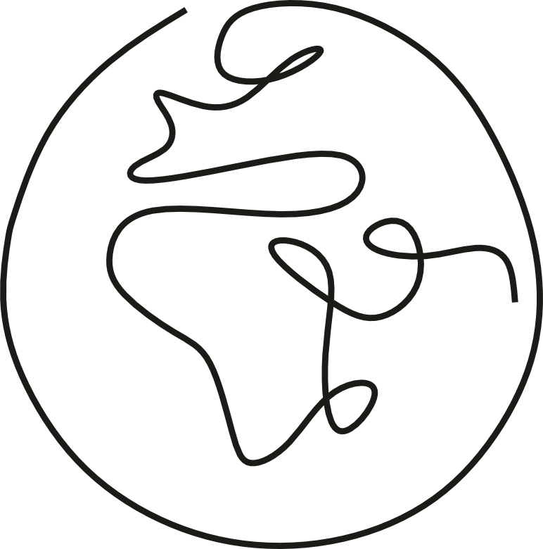 Line drawing of a world map inside a circle with curved lines representing continents.