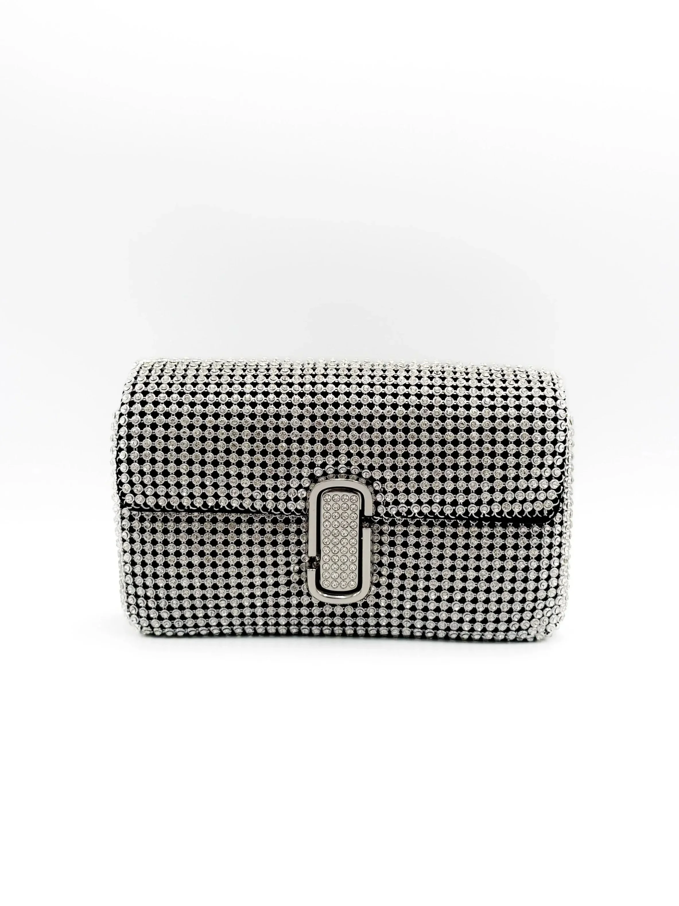 A black clutch purse covered in rhinestones with a rectangular buckle in the center.