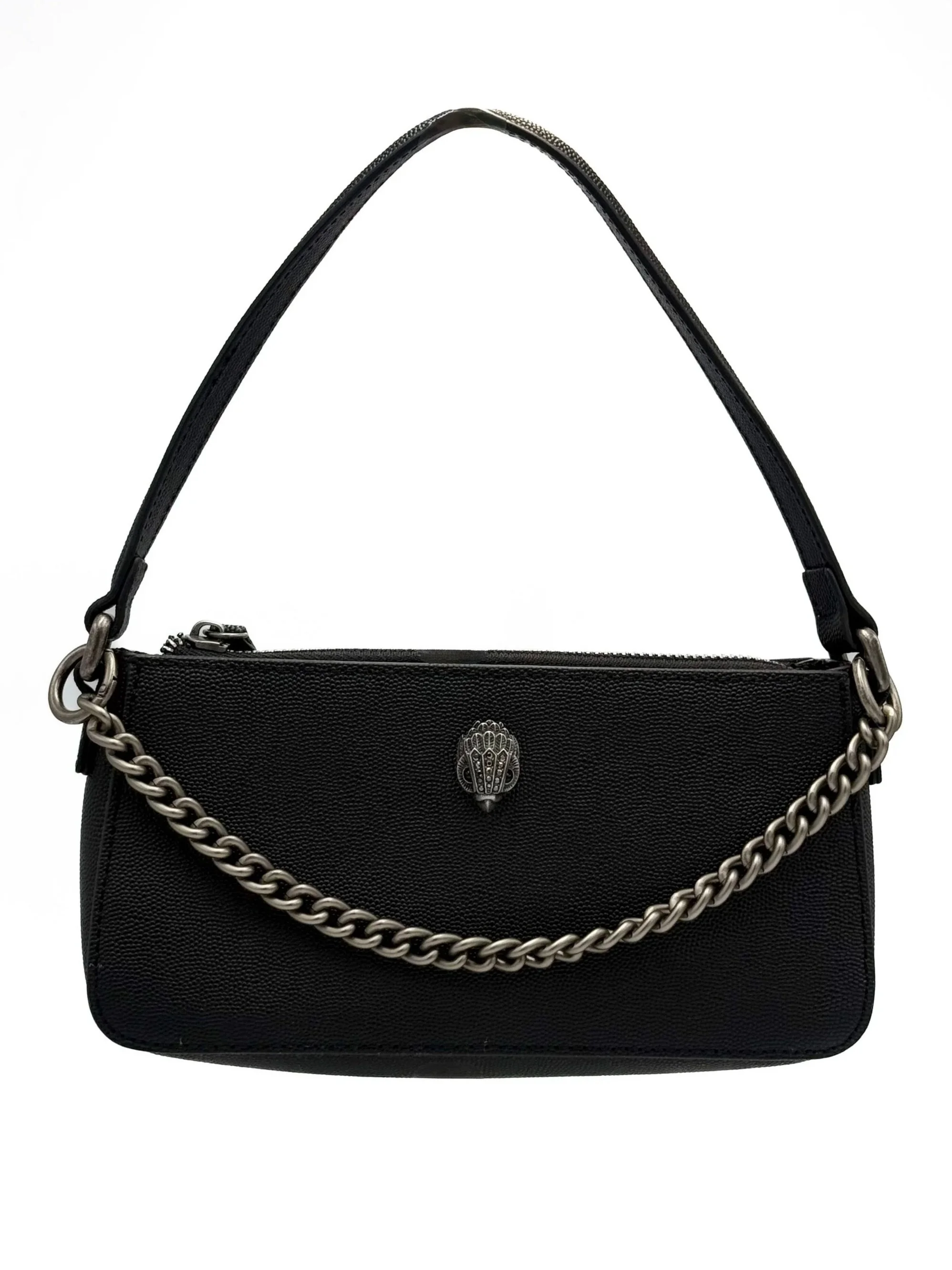 Black handbag with a silver chain strap and a small decorative emblem on the front.