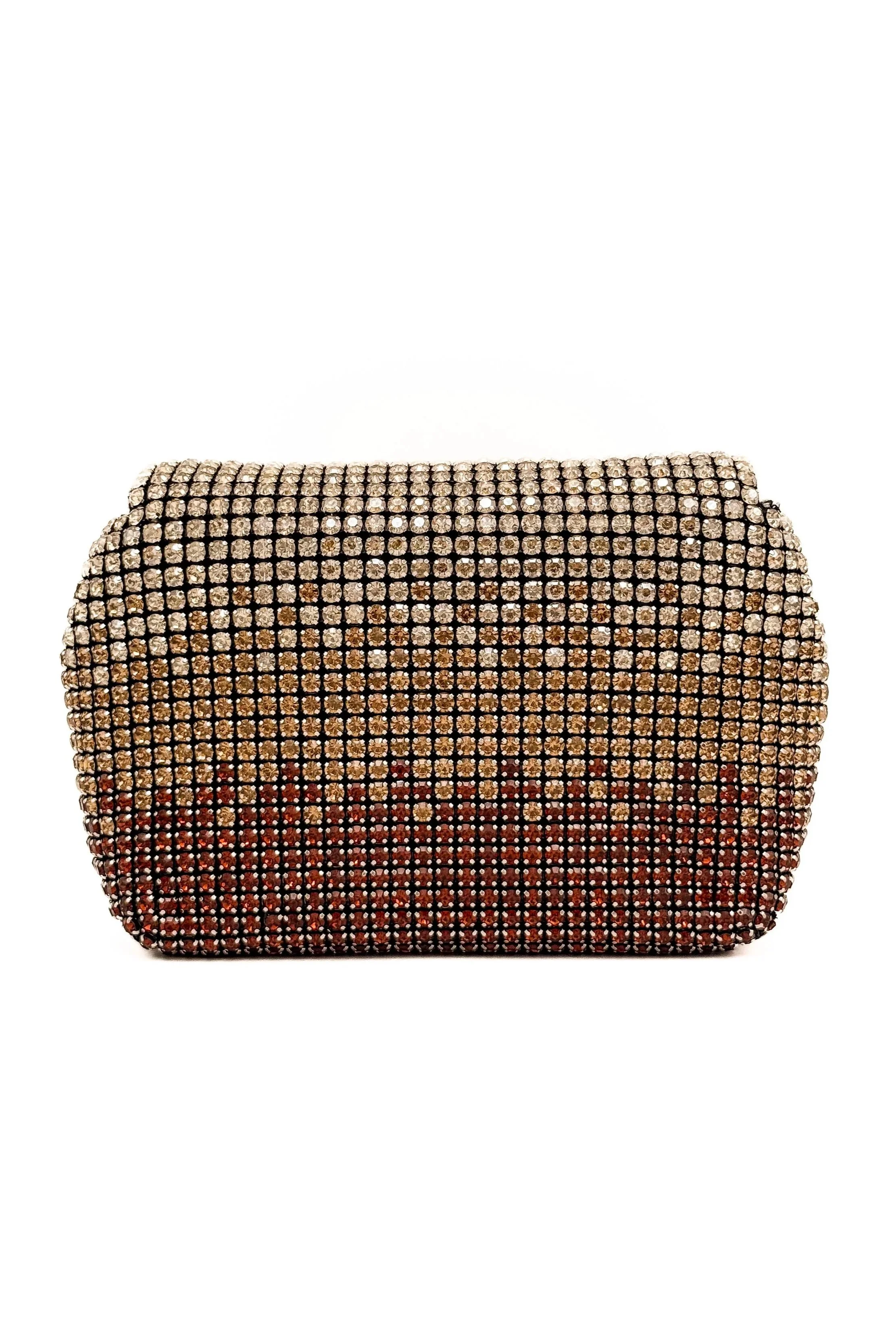A rectangular clutch purse covered in small, sparkly rhinestones arranged in a gradient pattern from silver at the top to red at the bottom.