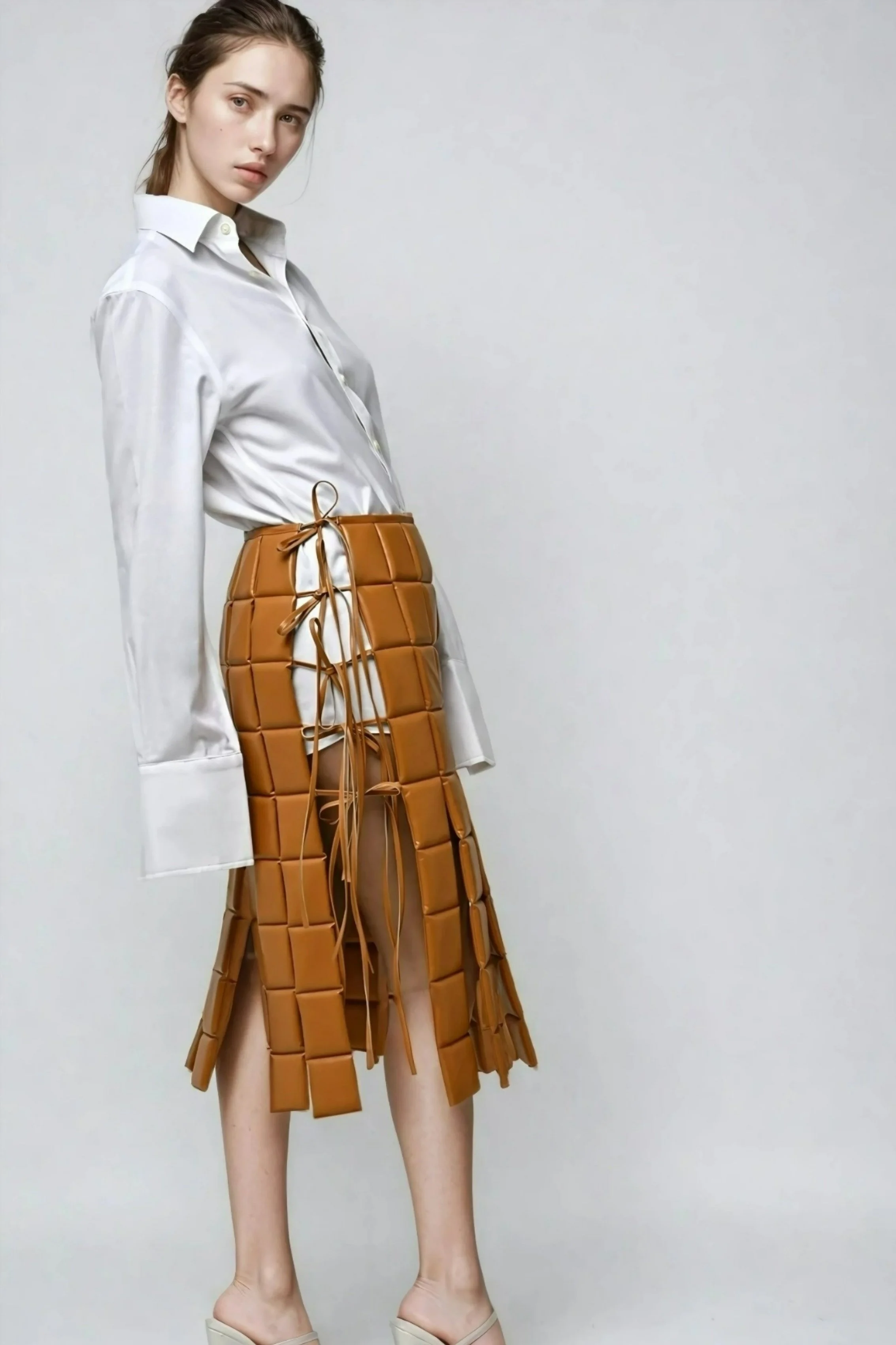 A young woman wearing a white button-up shirt and a brown skirt made of padded square panels tied with laces, standing against a plain light gray background.