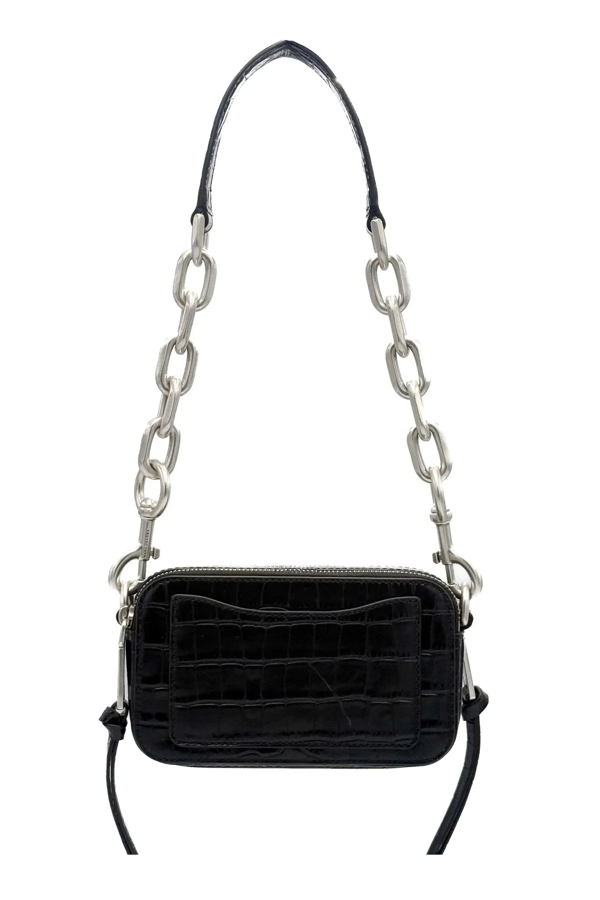 A black handbag with a textured crocodile pattern and a silver chain strap