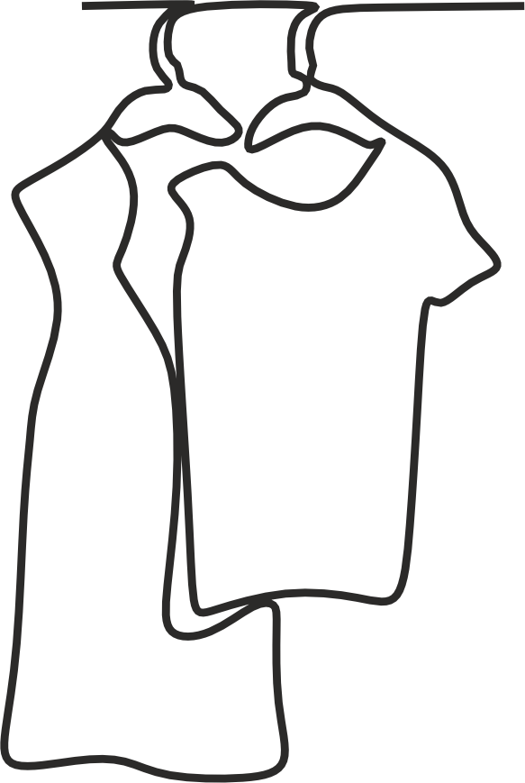 Outline of three hanging shirts on hooks.