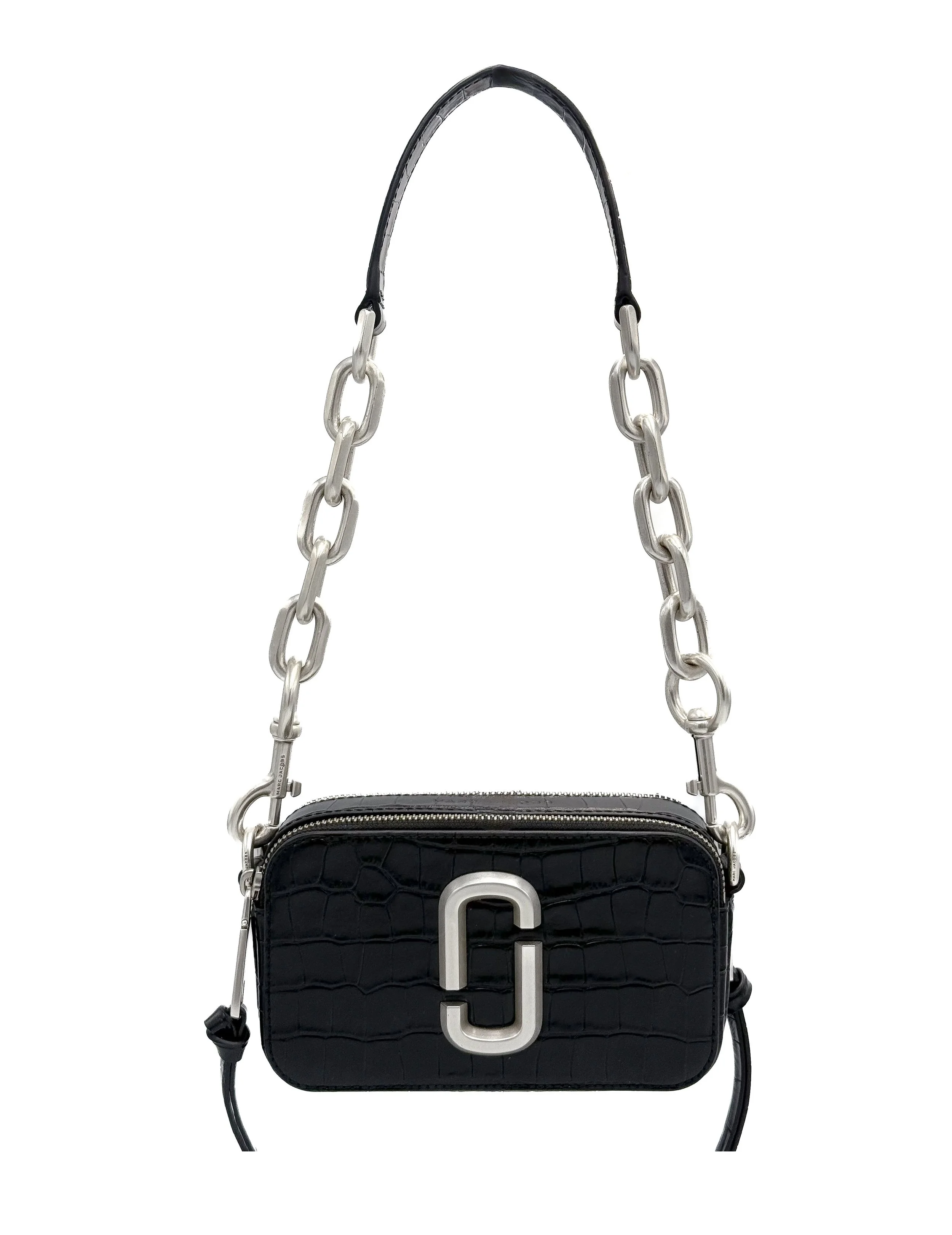 Black designer handbag with a silver chain strap and a silver logo on the front.