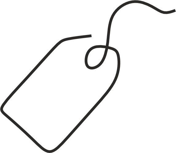 Line drawing of a price tag with a hole and string.