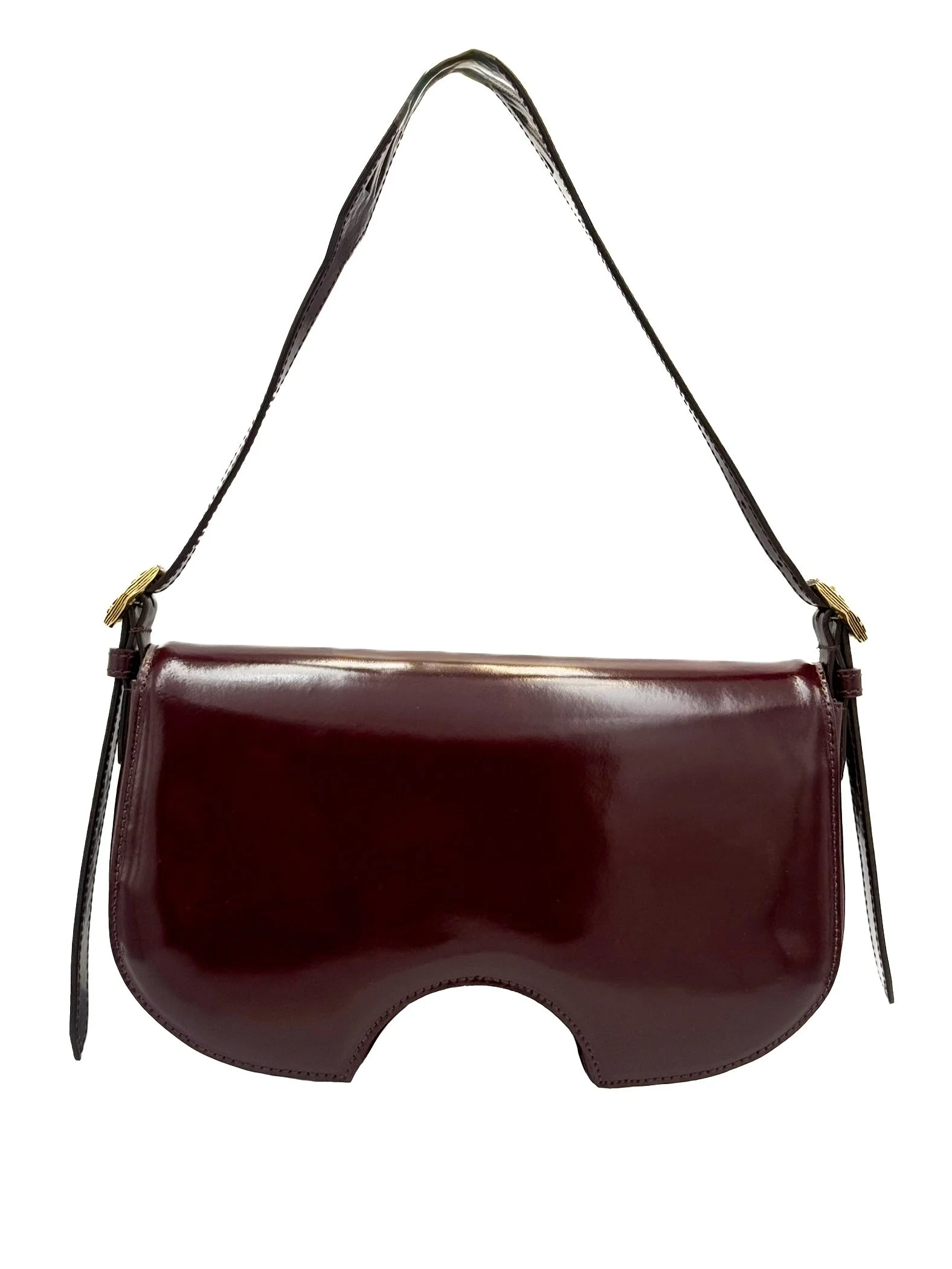 A dark red leather handbag with a unique curved bottom and a shoulder strap, isolated on a white background.