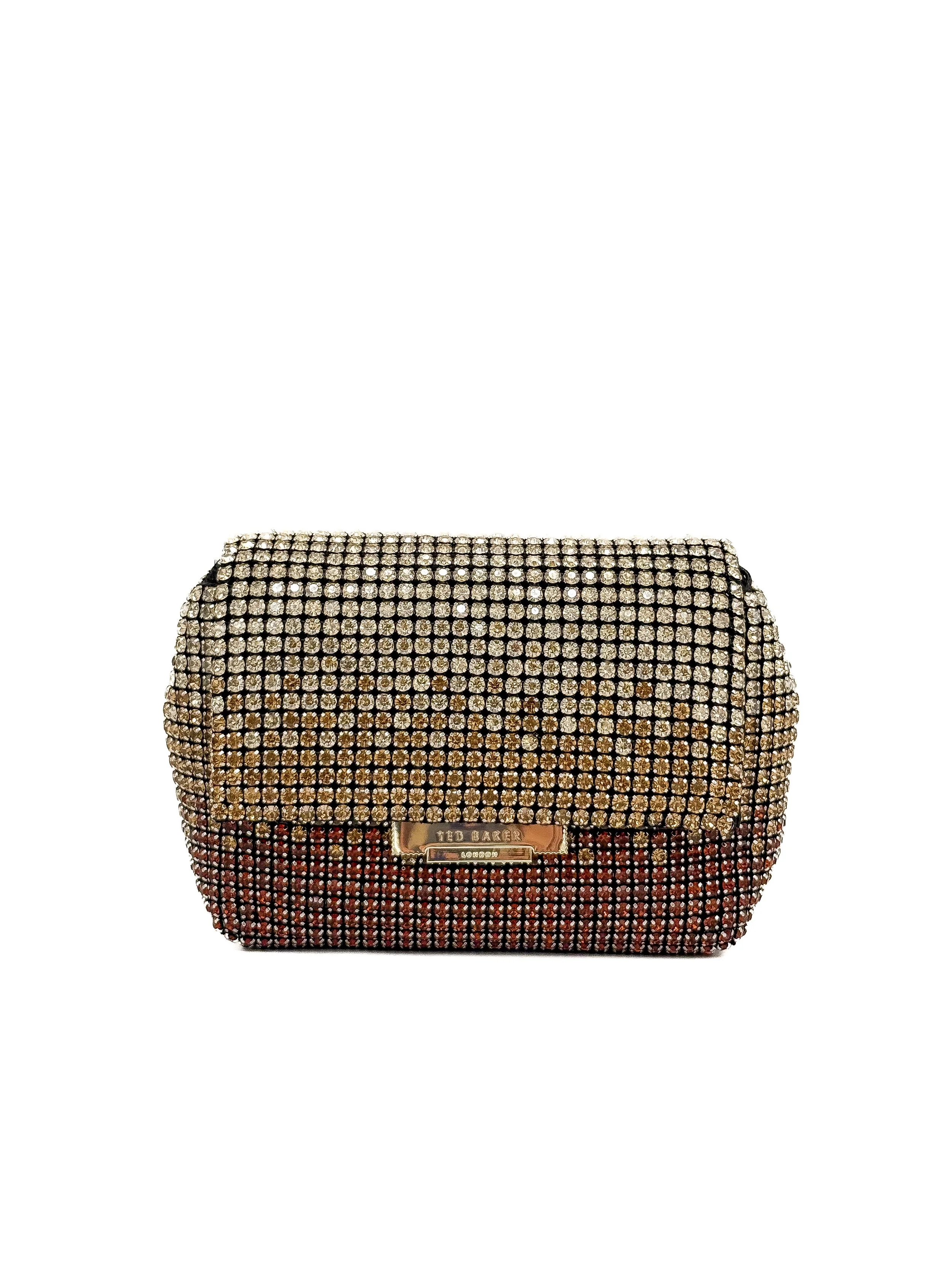 A multicolored, bejeweled clutch purse with a gold-tone nameplate