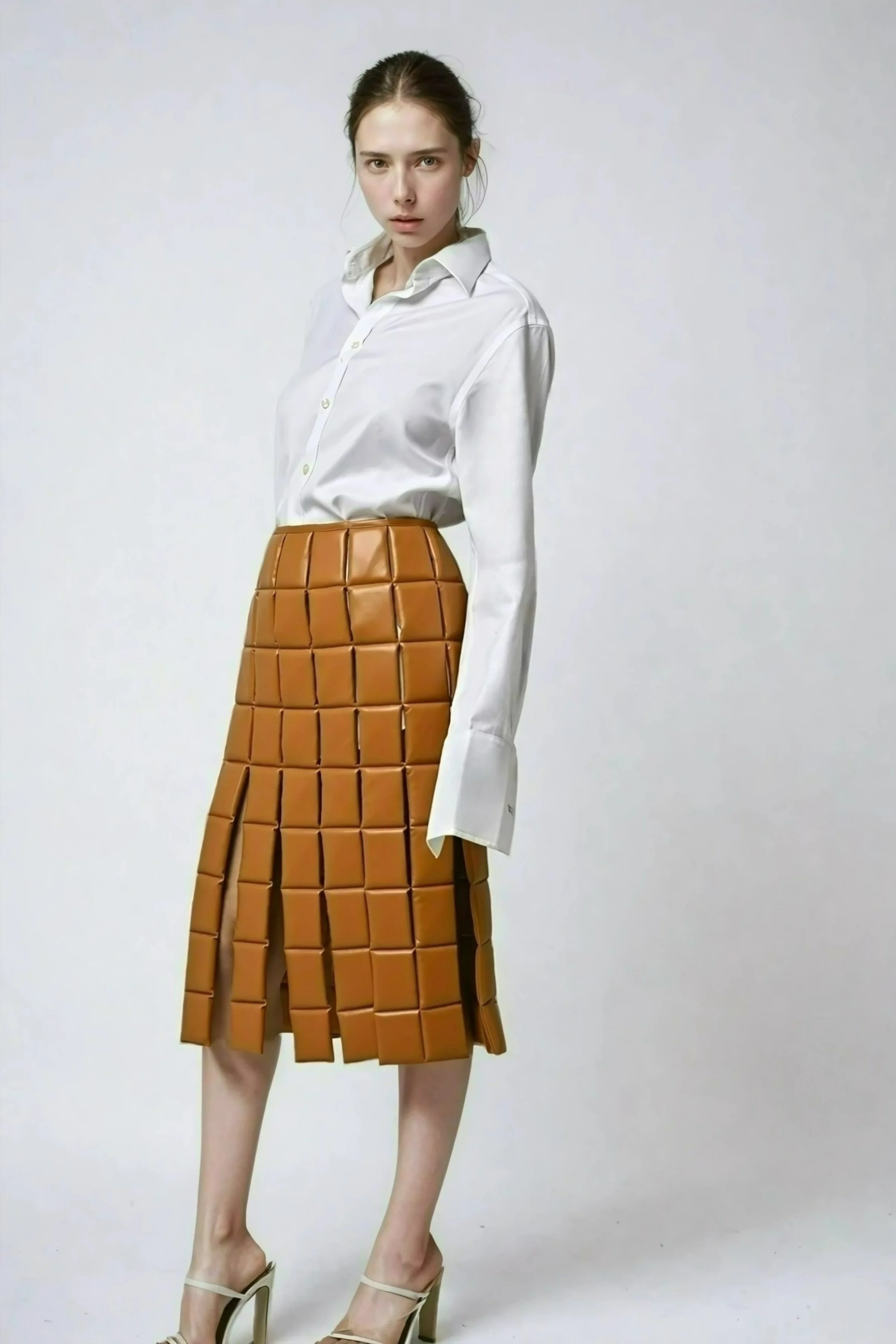 A woman wearing a white button-up shirt and a tan, geometric, pleated skirt with high heels, posing against a plain background.
