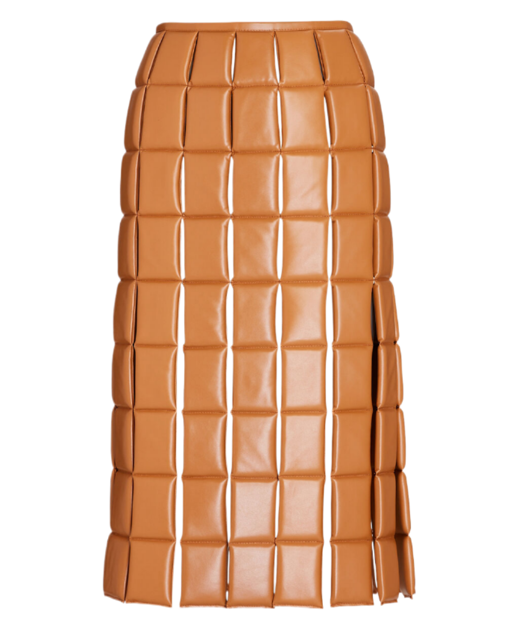 A brown padded chair or stool with a grid pattern and tufted design.