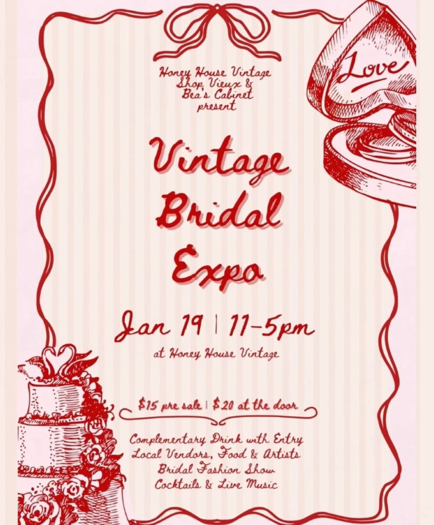 📢ATTENTION BRIDES TO BE📢 Come see myself and so many other incredible vintage, food and bevvie vendors popped up for the Vintage Bridal expo hosted by @honeyhousevtg @shopvieux and @beascabinet 
.
.
My other small business @rekindledshop will have 
