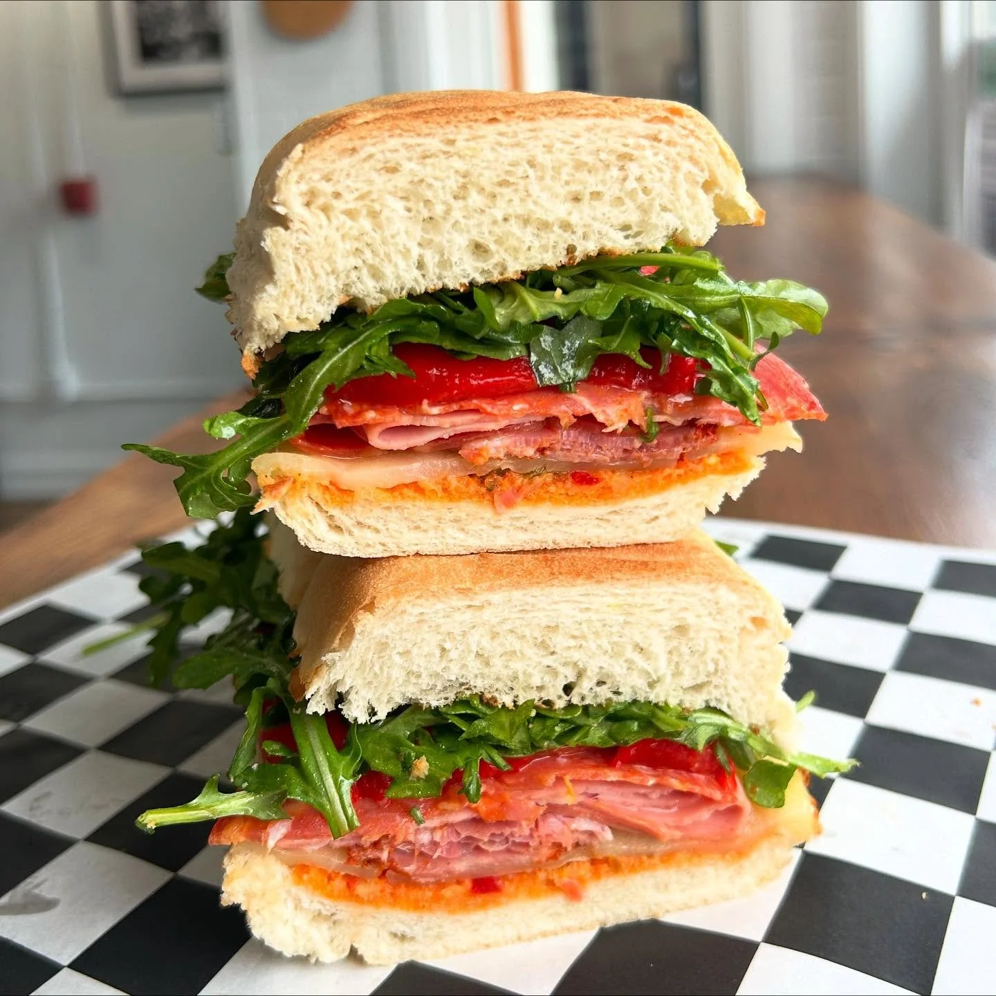 New sangweech. The fu&bull;gedda&bull;boudit🤌🏼

provolone, calabrian chili pesto, house hot pepper relish, hot genoa salami, spicy sopressata, hot cappocolo, mortadella, roasted red peppers, &amp; arugula.

Legit fire🌶️ capisce? 

Available til it