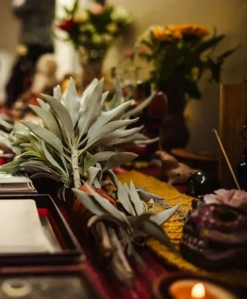 ceremonial altar with white sage for closing of the bones ritual