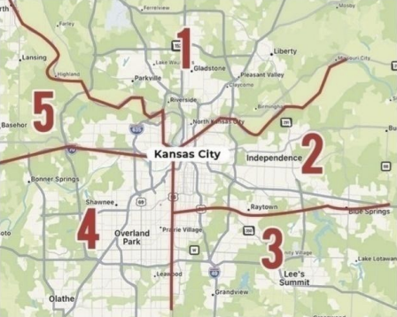 Map of Unite KC's five regions of impact across Kansas City