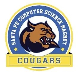 Logo of Santa Fe Computer Science Magnet featuring a cougar's head and the word 'COUGARS'.
