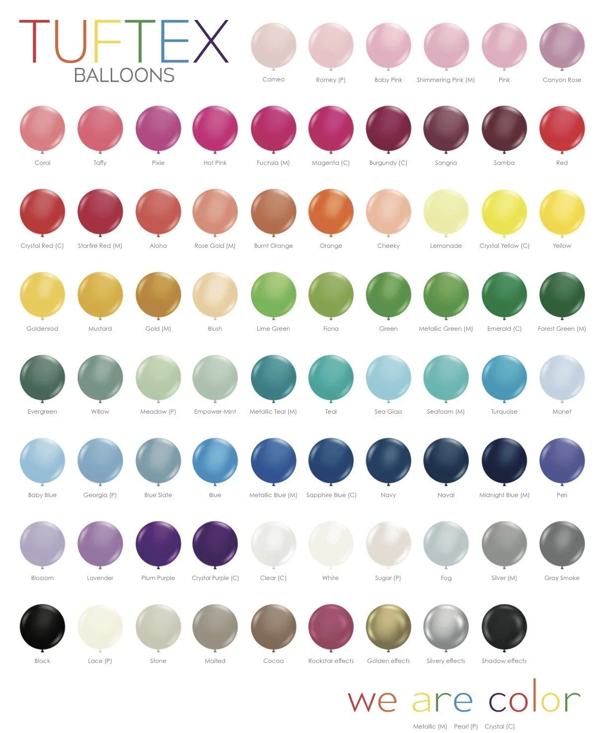Color chart of balloons labeled with color names. The chart is organized into rows with different shades, including pastel pinks, reds, oranges, yellows, greens, blues, purples, and neutrals. It also features special effects like Rockstar, Golden, Silvery, and Shadow effects. The top left corner states 'TUFTEX BALLOONS' and the bottom right mentions 'we are color'.