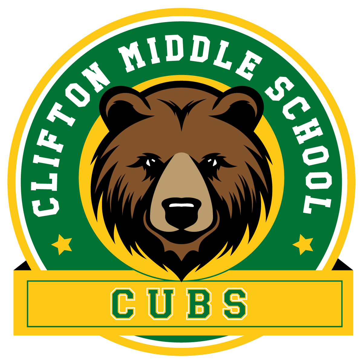 Logo of Clinton Middle School Cubs featuring a bear's face with green, yellow, and white colors and text.