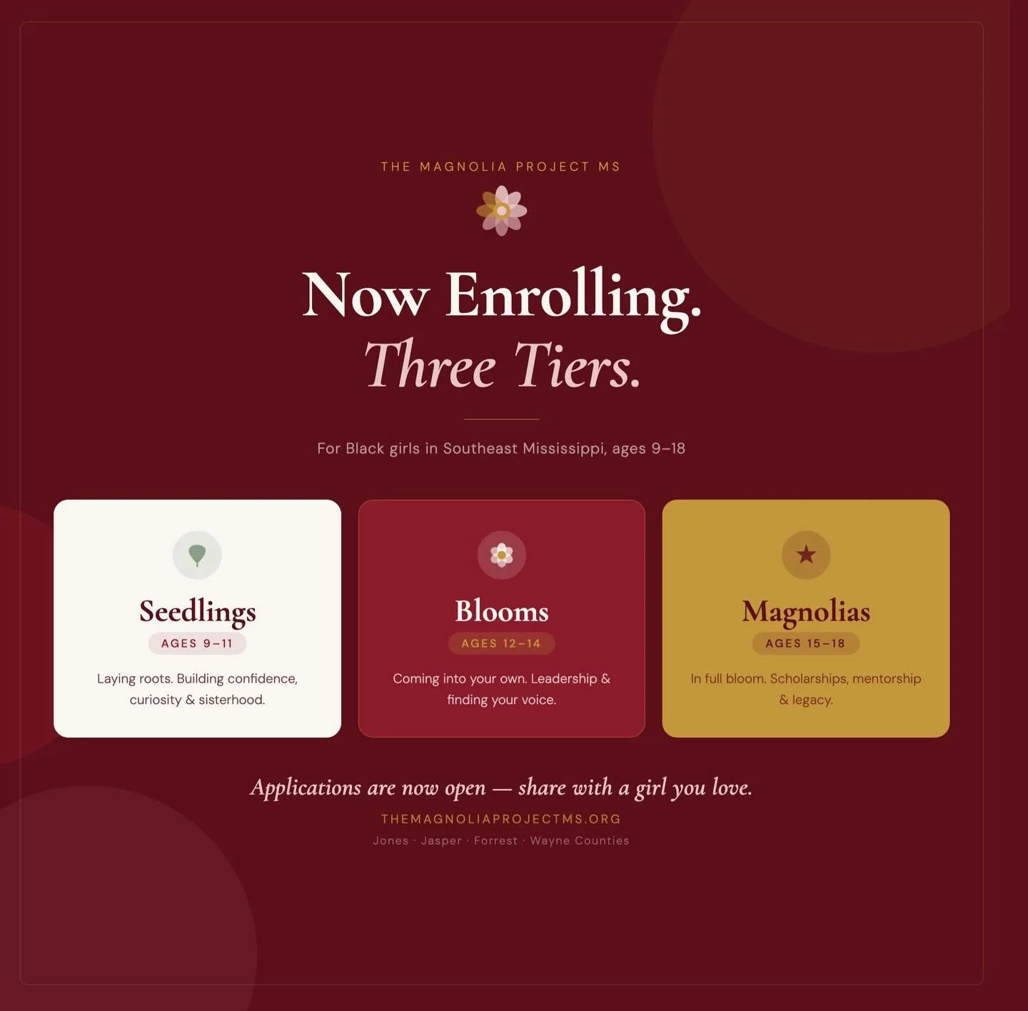 ✨ Something new is blooming at The Magnolia Project MS.

We are so proud to announce three membership tiers &mdash; designed to meet Black girls where they are and grow with them every step of the way.

🌱 Seedlings | Ages 9&ndash;11
For the girls ju