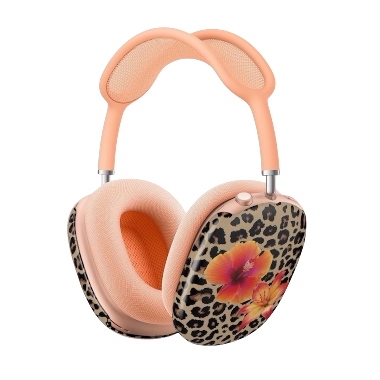 Pink over-ear headphones with a leopard print and hibiscus flower design.