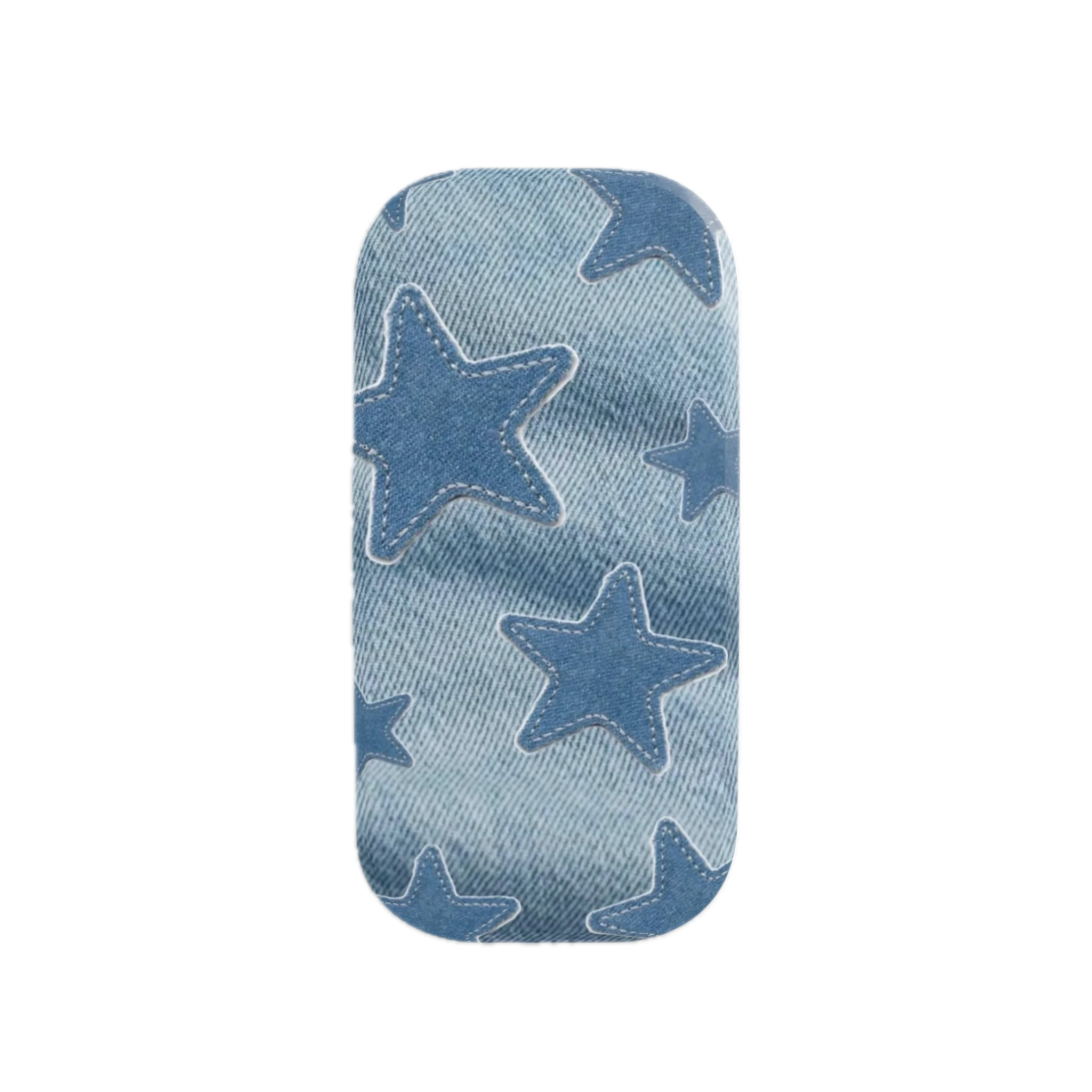 Close-up of a rectangular fabric patch with denim texture and blue embroidered stars of various sizes.
