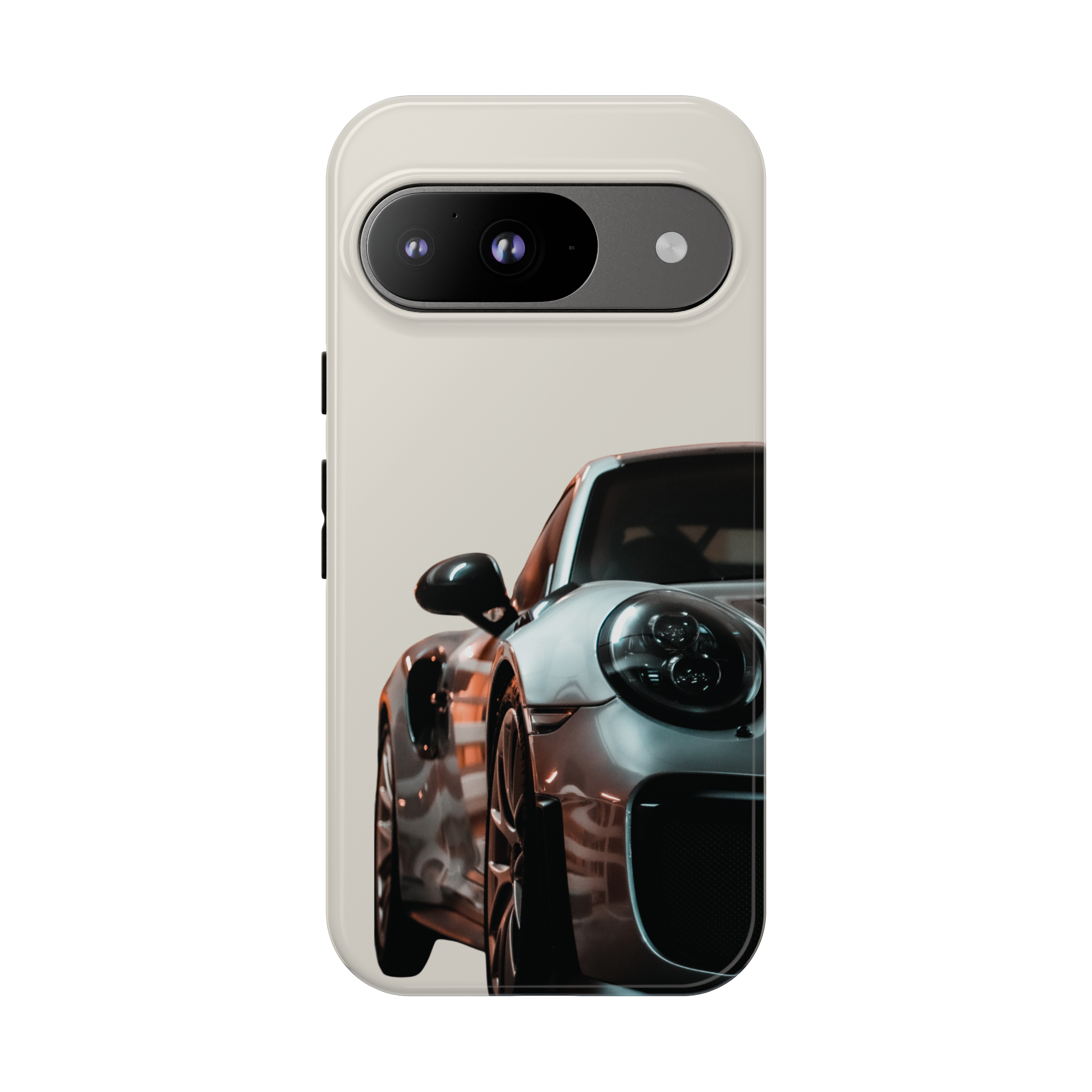Smartphone case featuring an image of a sleek sports car with prominent headlights and aerodynamic design, set against a blurred background.