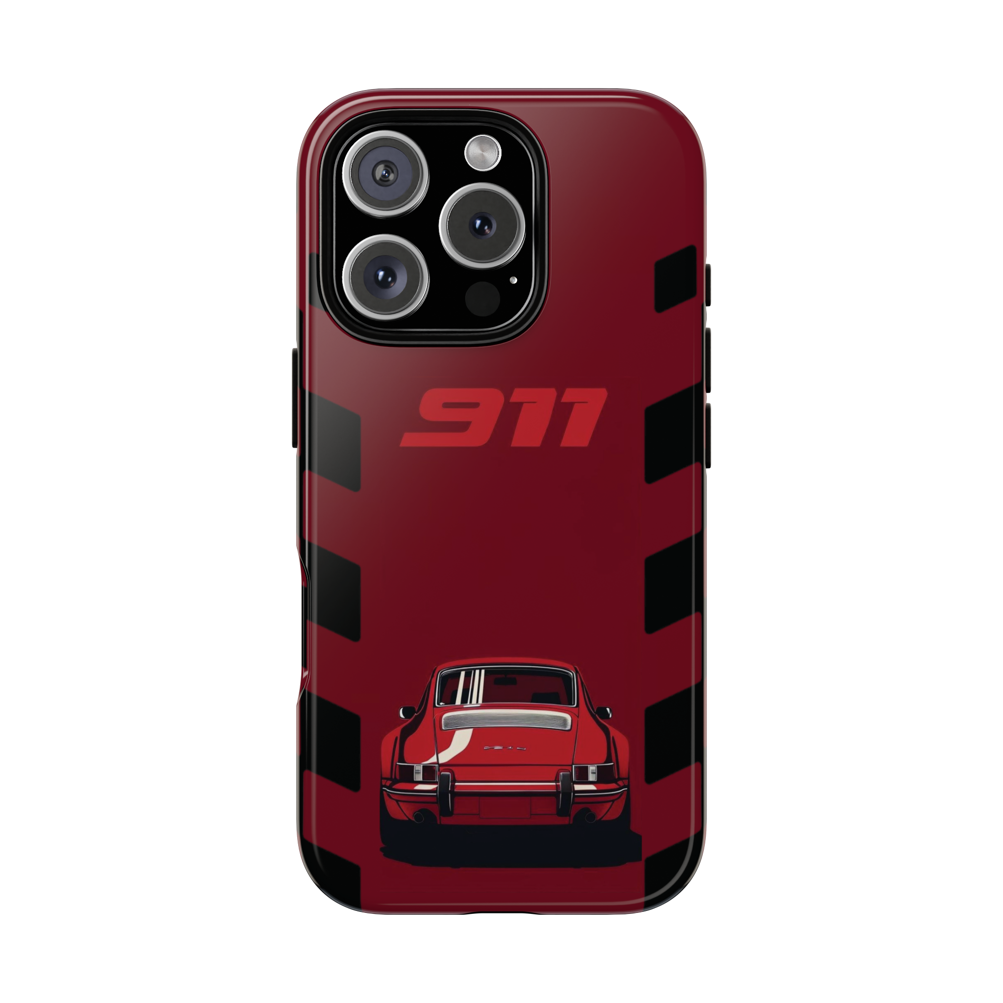 Red phone case with black stripes and a graphic of a classic car and '911'