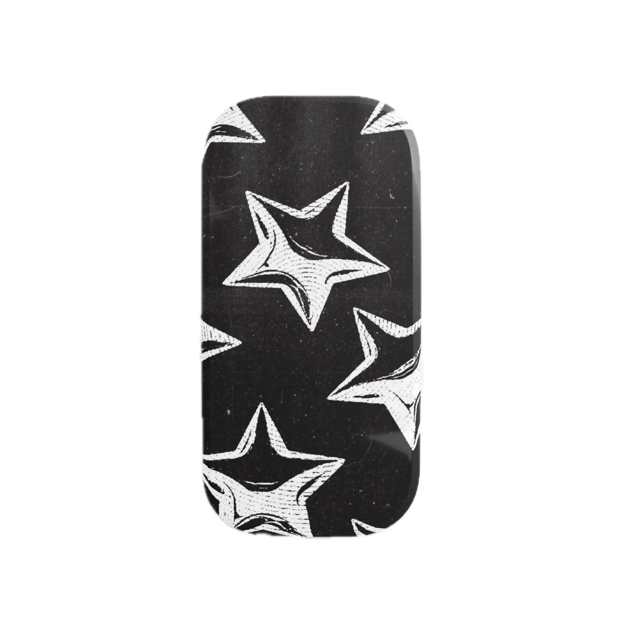 A black skateboard with white star patterns and a distressed texture.