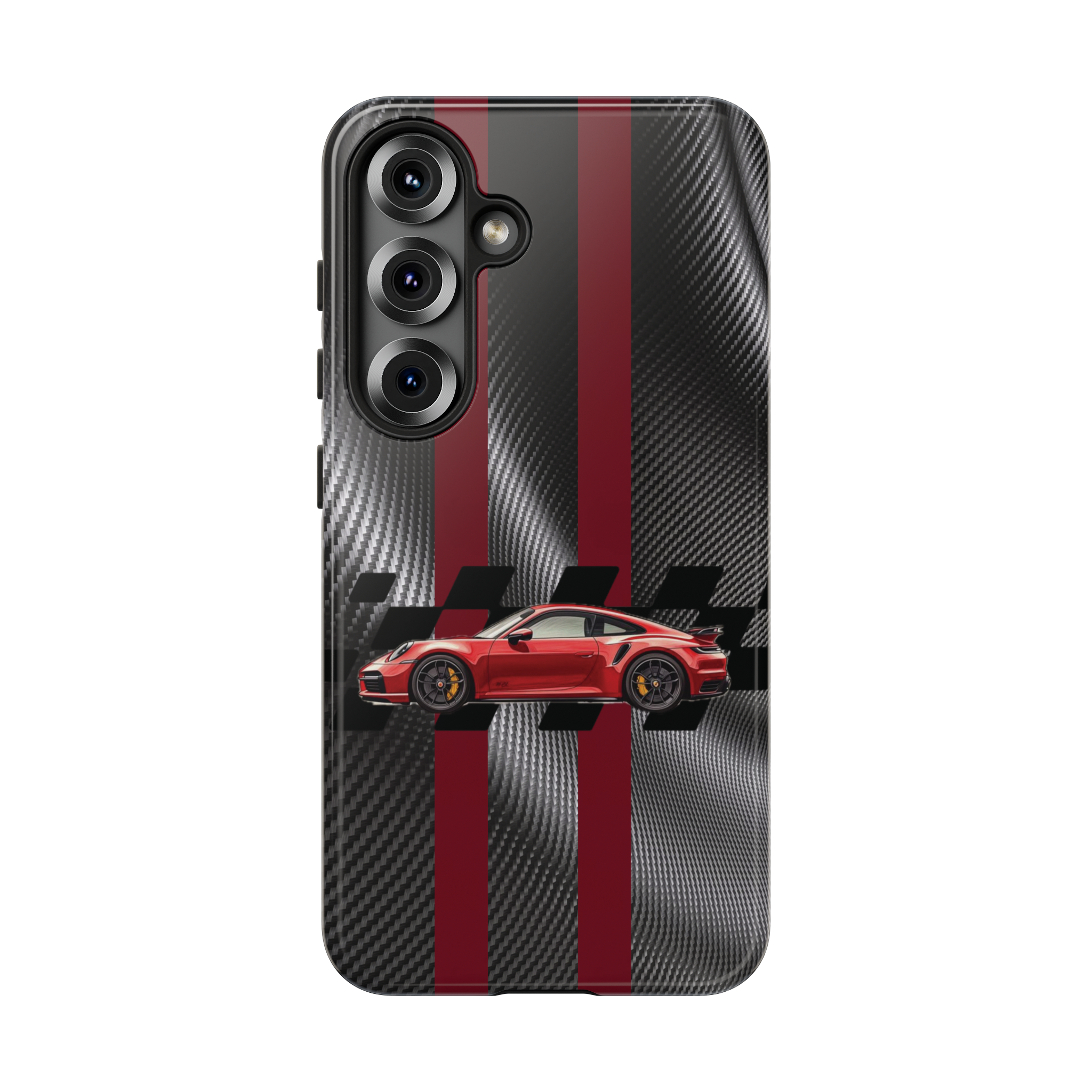 Phone case with carbon fiber texture, red and black racing stripes, and a red sports car graphic.