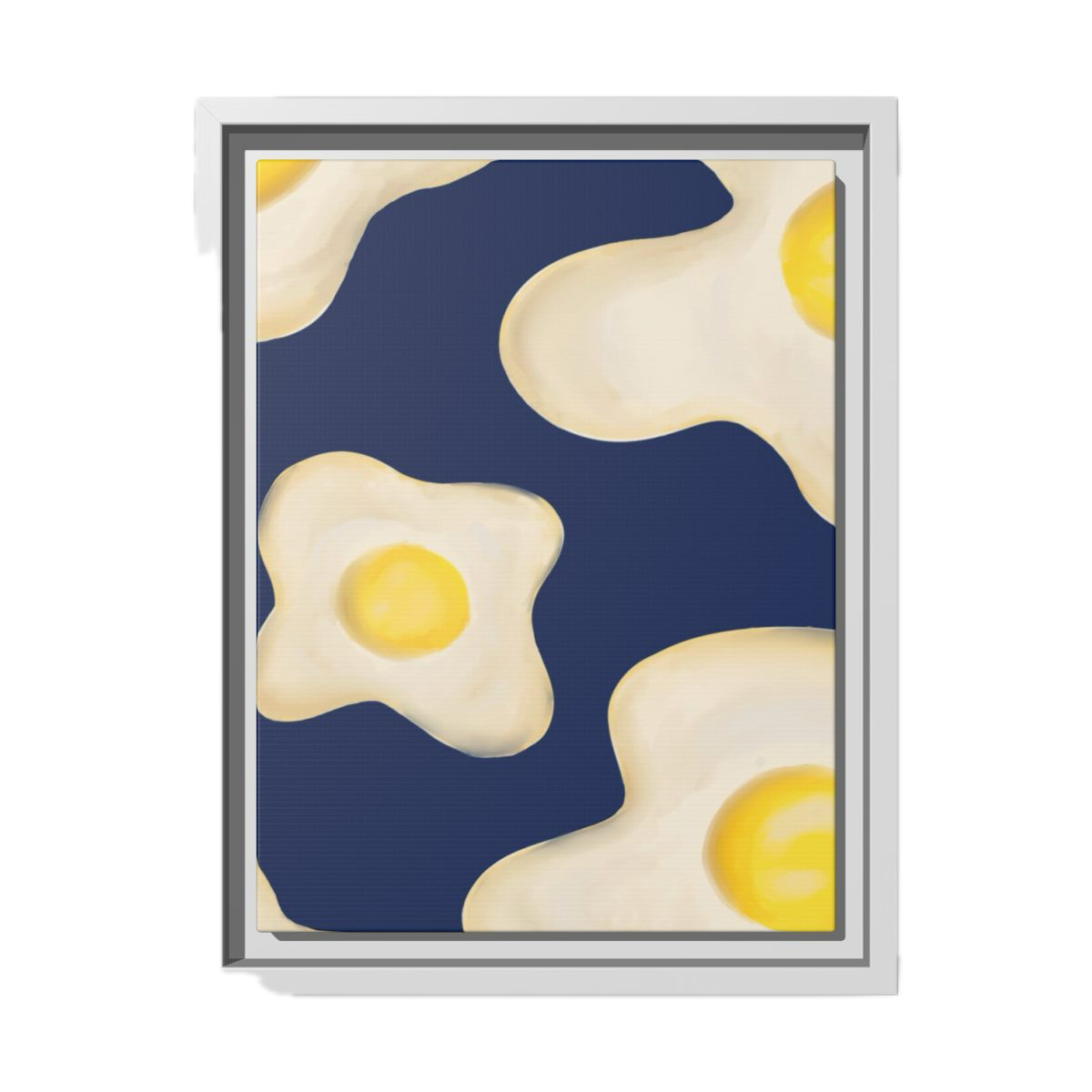Abstract painting of fried eggs with white yolks and dark navy background.