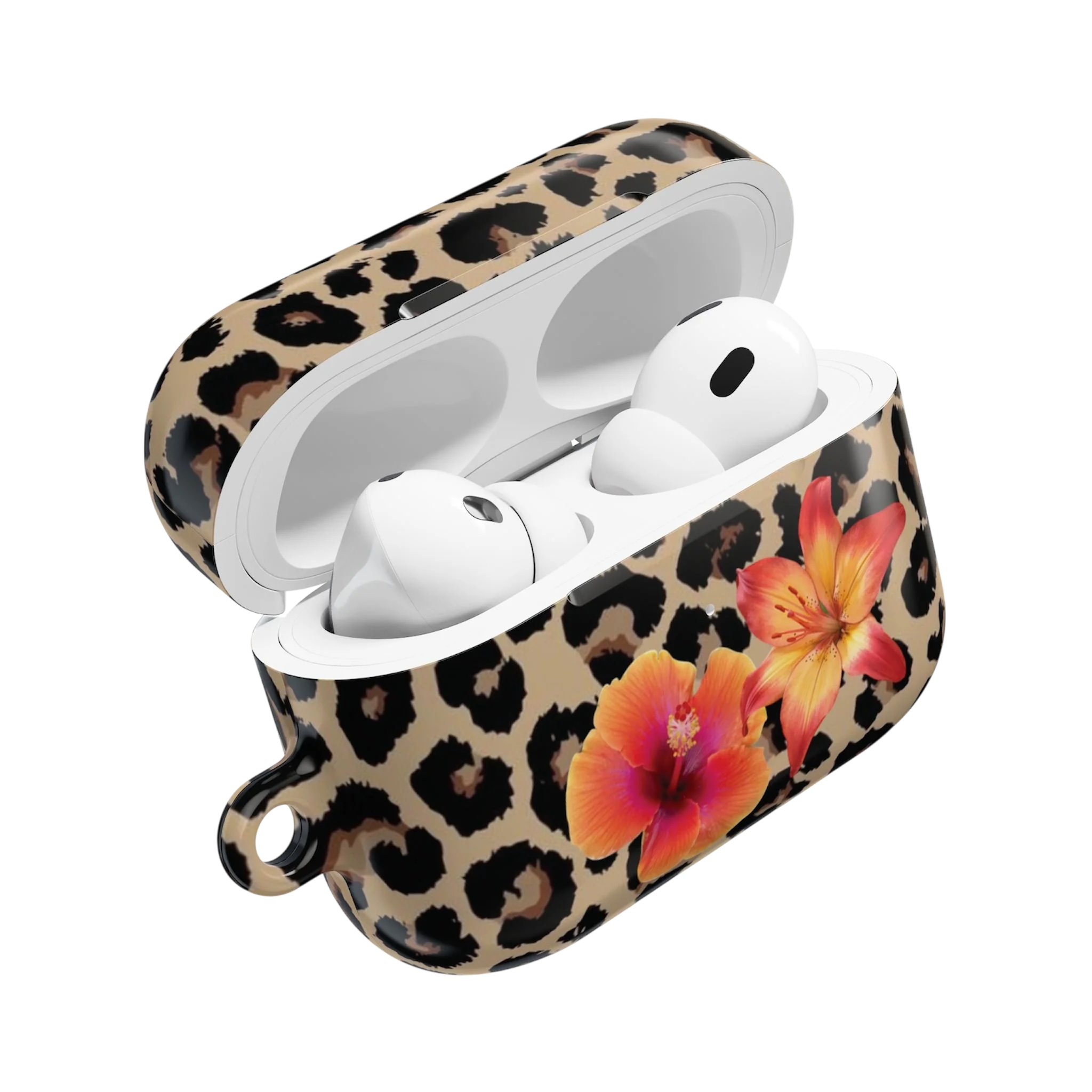 Wireless earbuds in a leopard print case with orange and yellow hibiscus flowers.