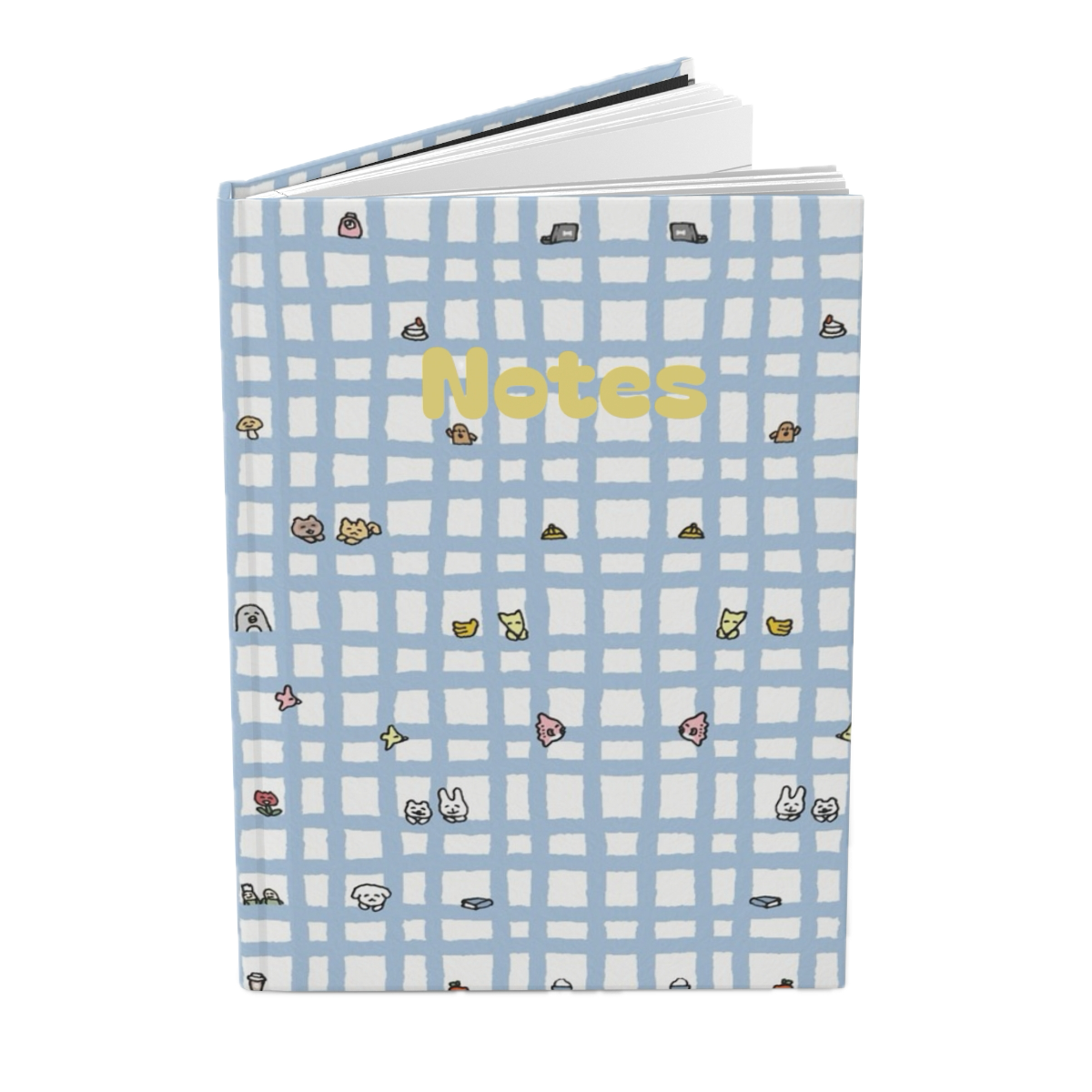 A notebook with a light blue checkered cover decorated with small cute animal and hair accessories icons, and the word "Notes" in large yellow letters