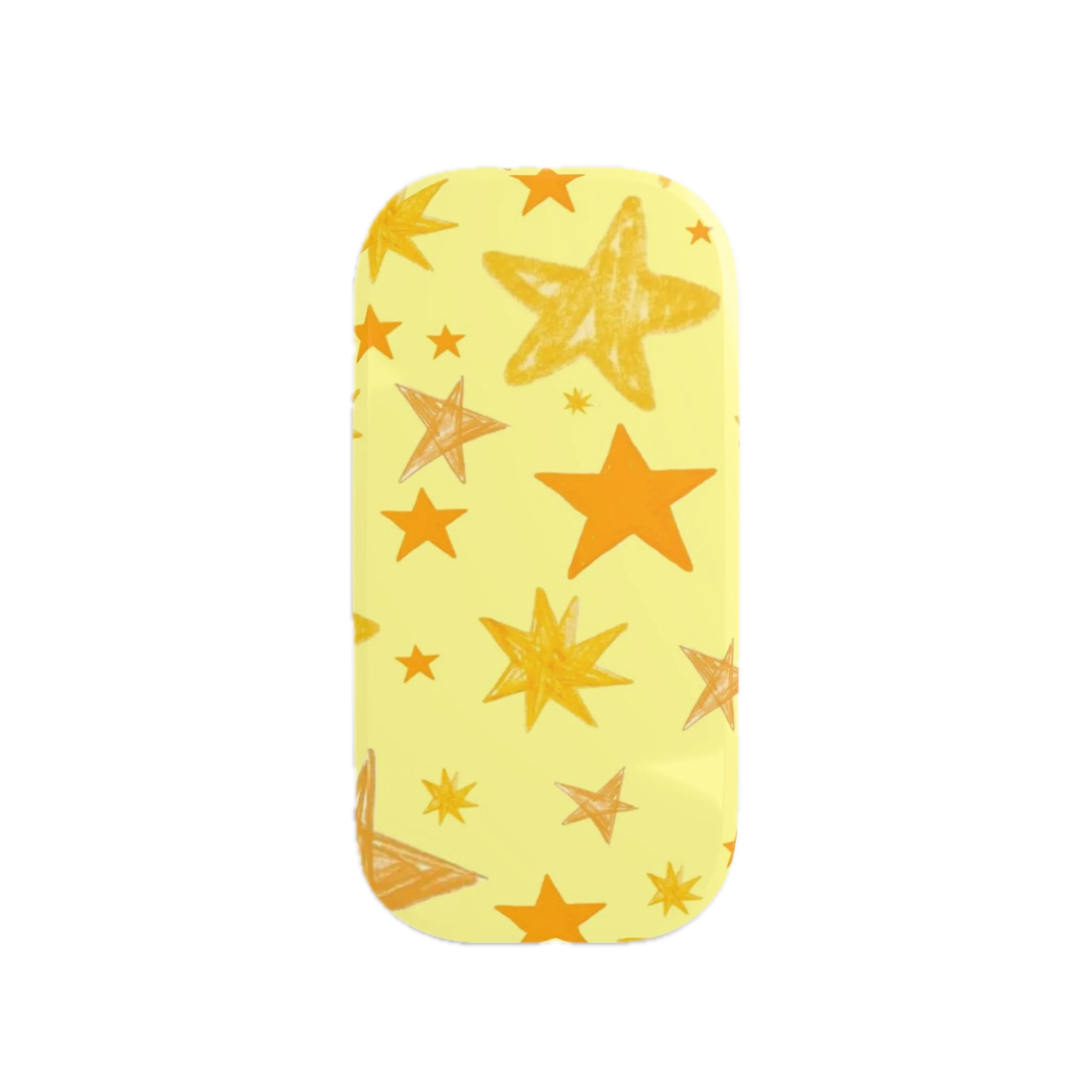 A yellow nail polish bottle decorated with orange and yellow stars of various sizes.