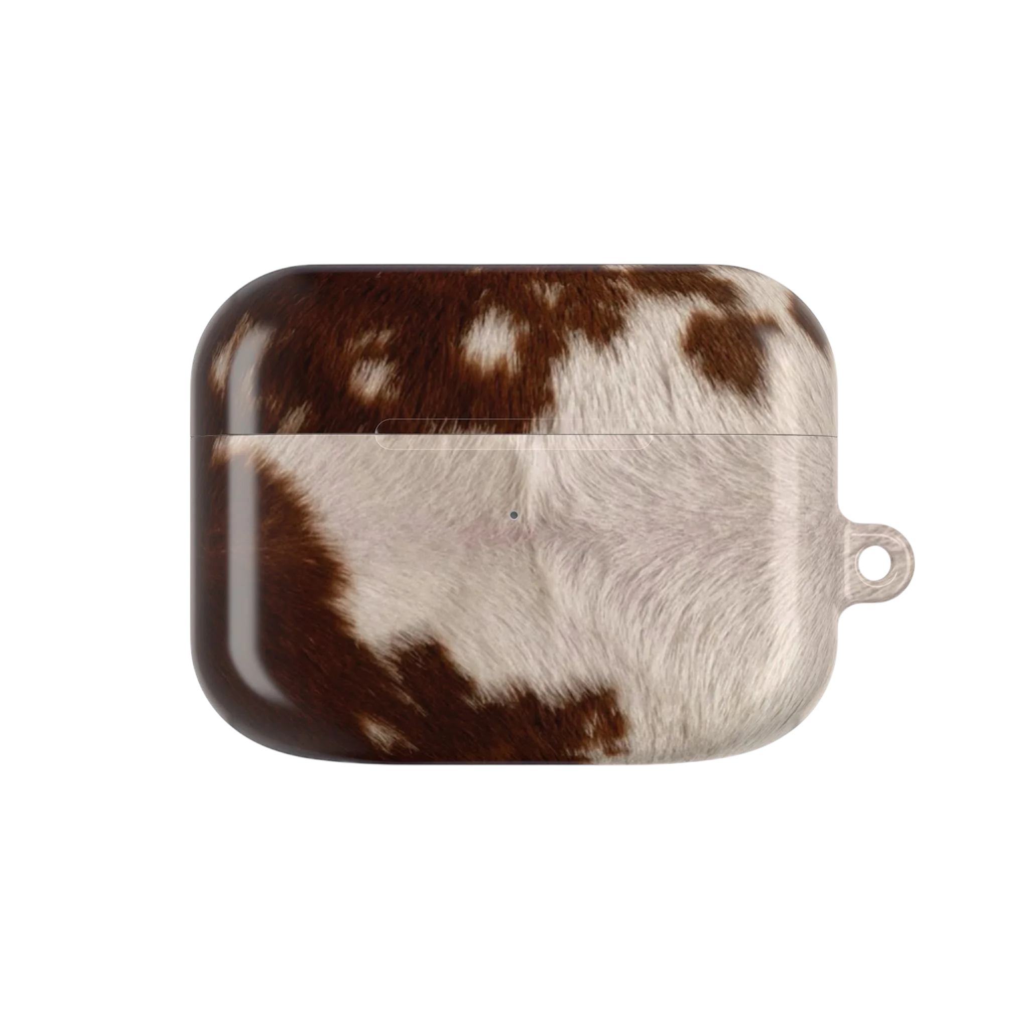 AirPods case with a cowhide pattern featuring brown and white patches.