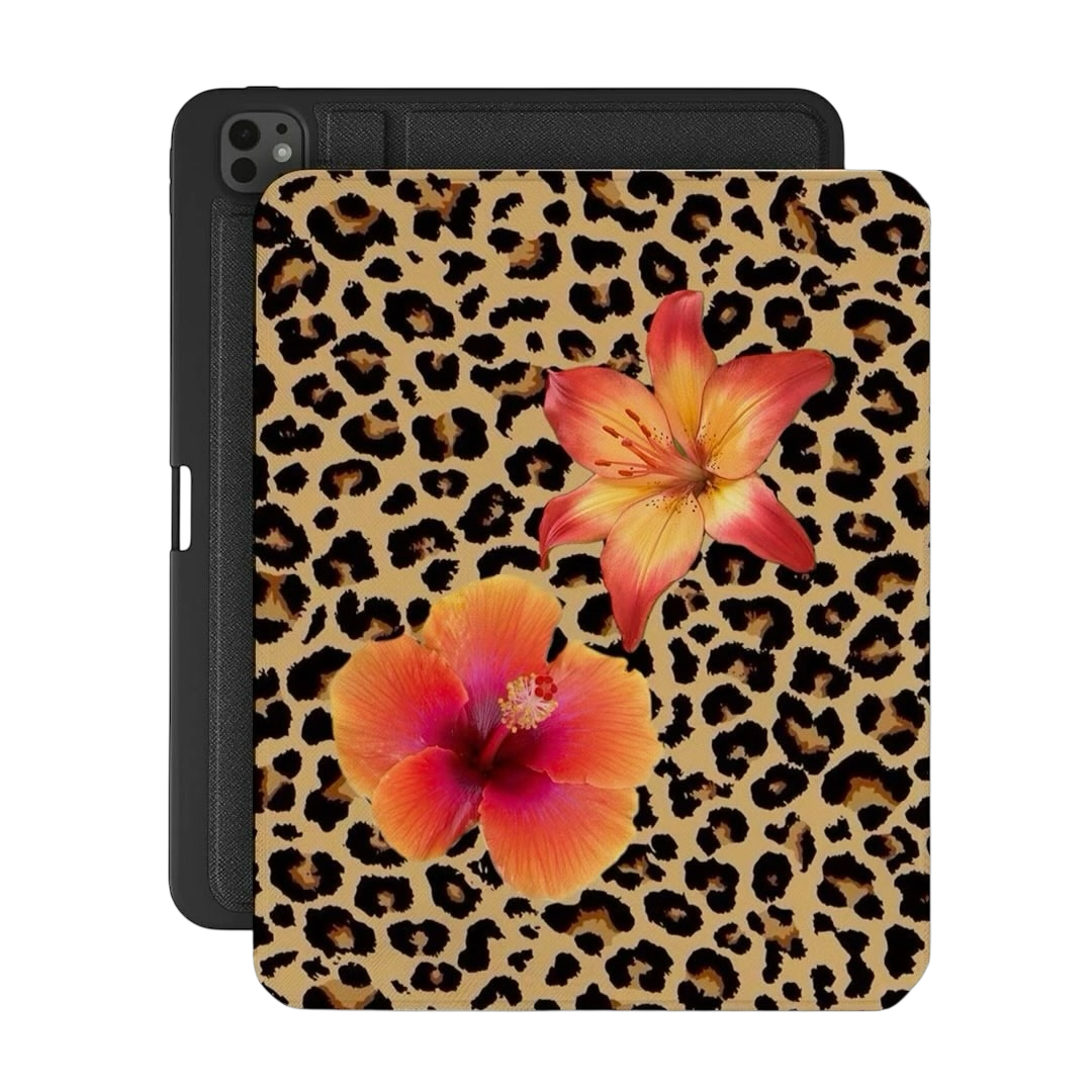 A phone case with a leopard print pattern and two colorful flowers, a pink lily and an orange hibiscus.