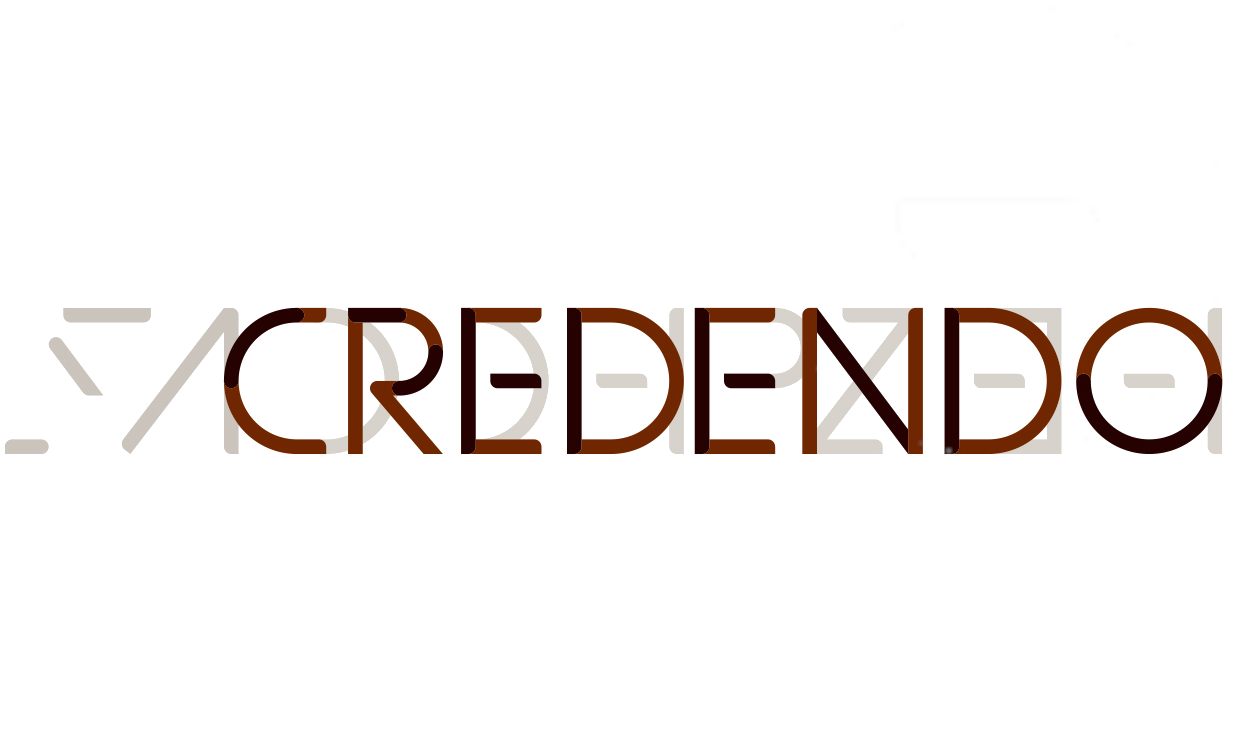 Neon sign displaying the word "CREDENDO" in bold, brown capital letters with a black background.