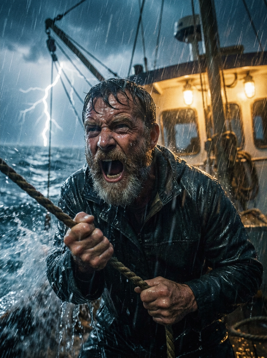 Man in rain-soaked clothing on a stormy sea holding onto a rope, with lightning in the background and a ship behind.
