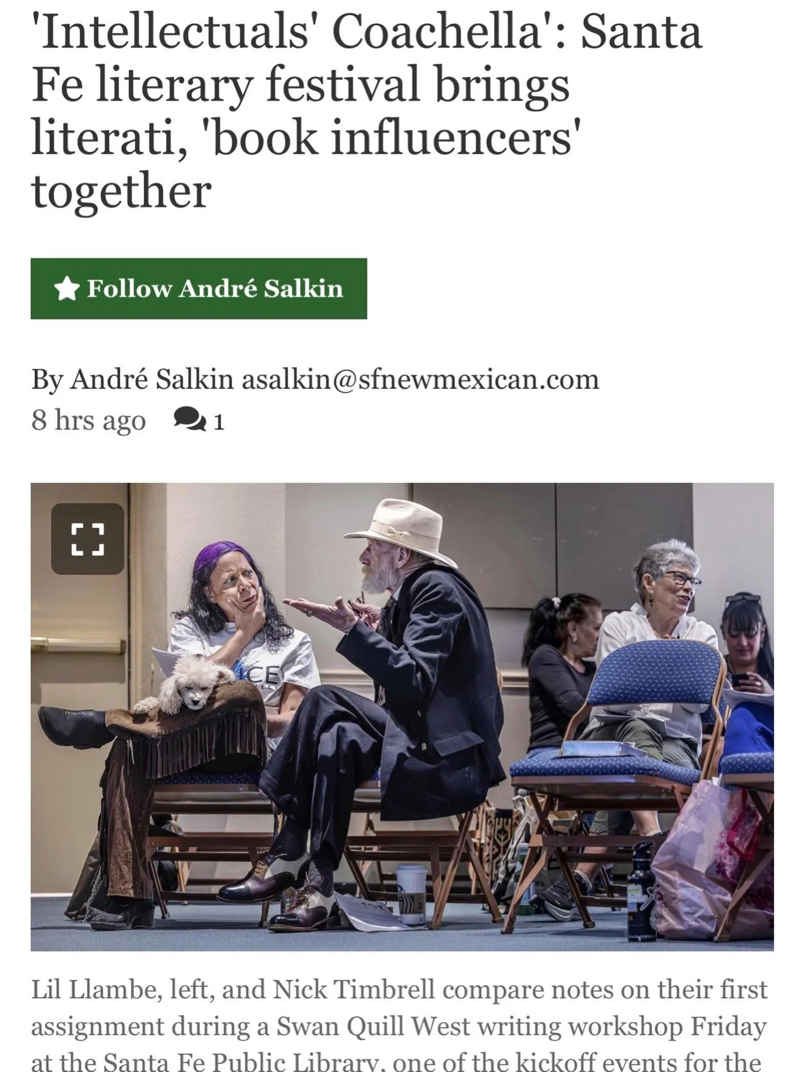 Great write up on yesterday&rsquo;s workshop by @andresalkin for @sfnewmexican at @sfnmpl &mdash; got go guy buy out some newspaper stands on our way to @sfinternationallitfest this morning!