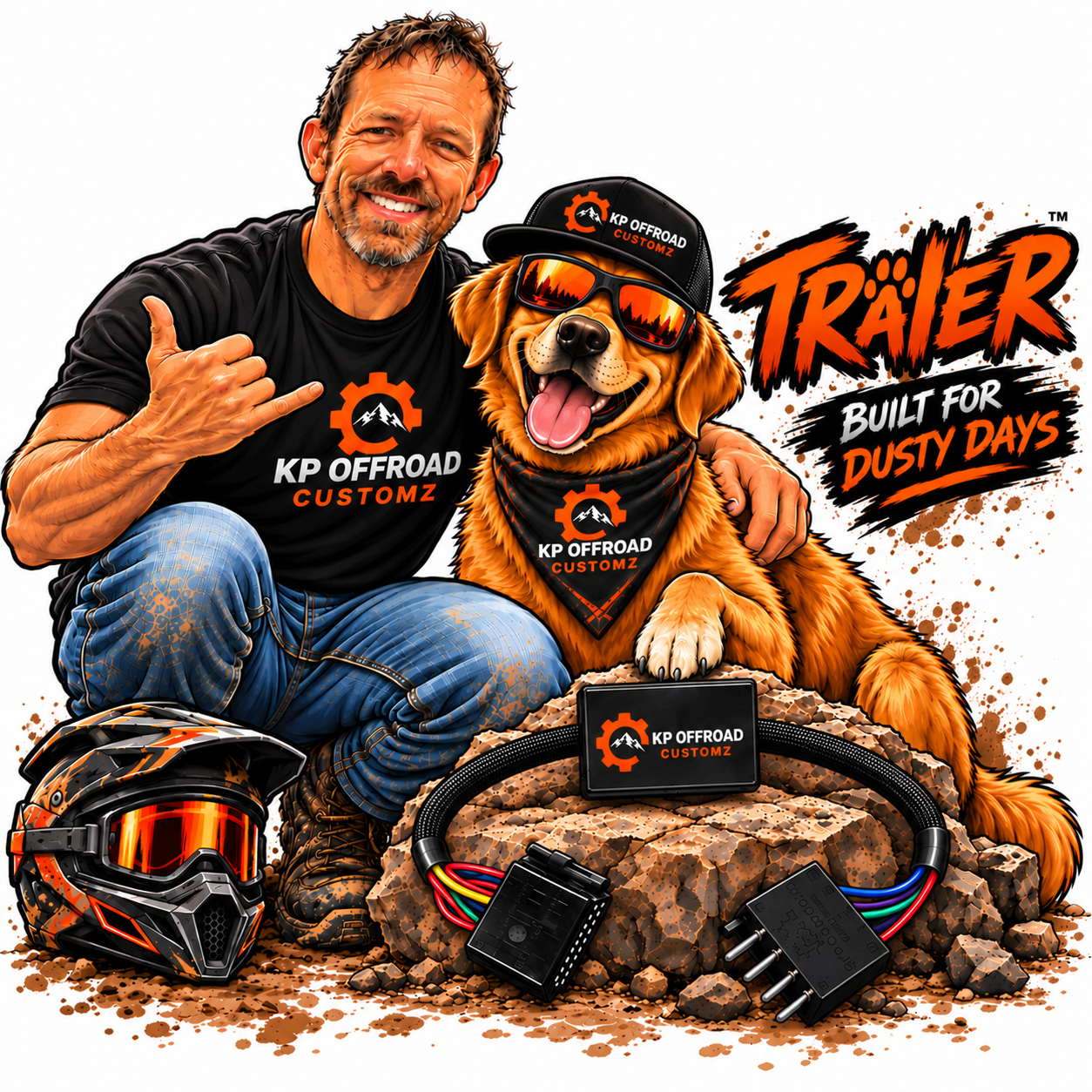 A man and a cartoon dog with off-road gear and branded clothing posing with off-road equipment, with text promoting a trailer built for dusty days by KP Offroad Customz.